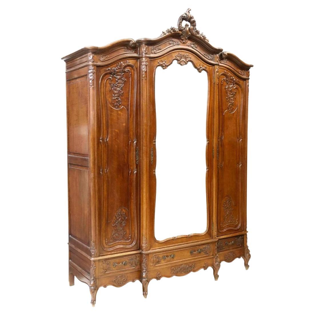 1900s Louis XV Style Breakfront, Mirrored, Crest, 3 Drawers, Triple Armoire