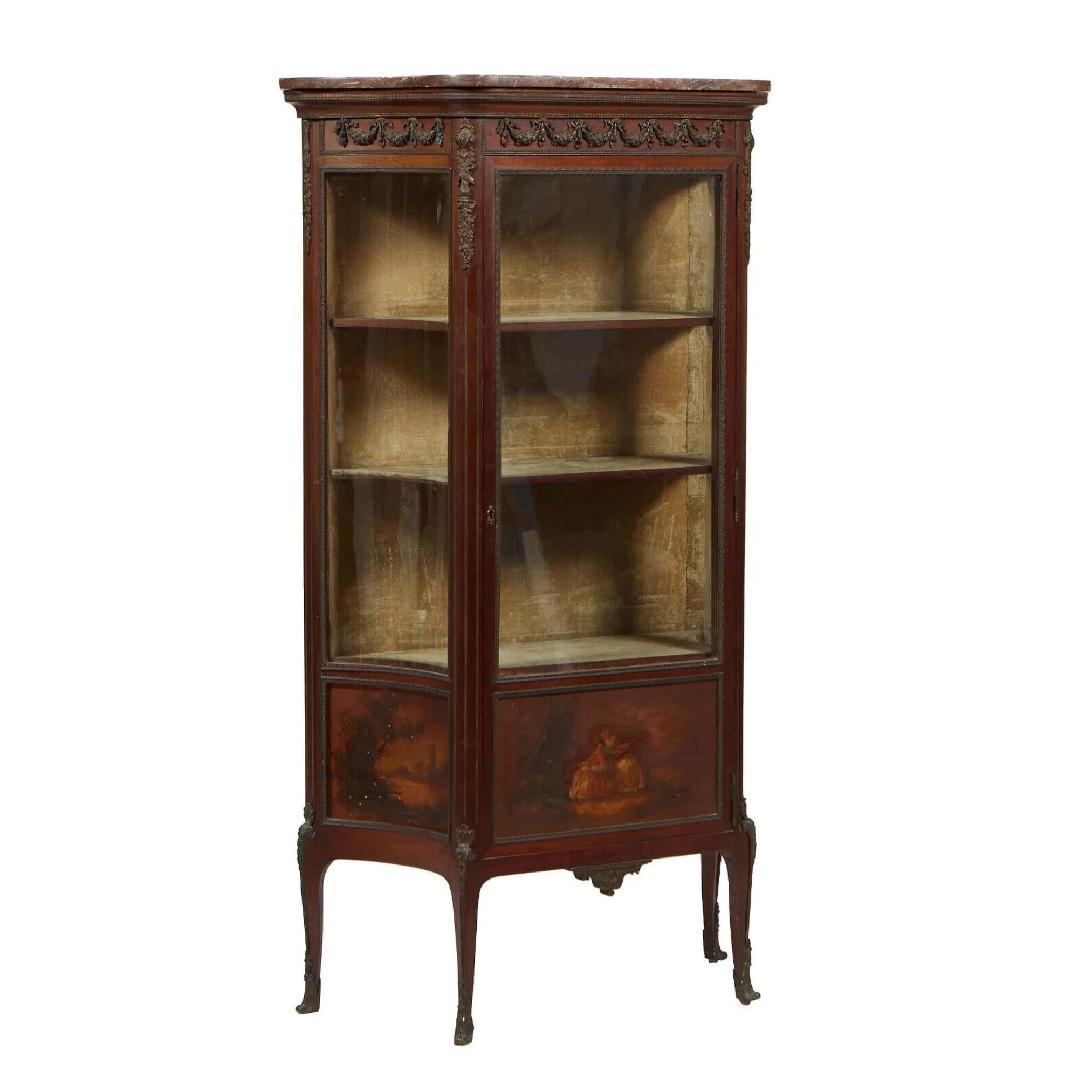 Stunning Vitrine, Louis XV Vernis Martin Style, Carved Walnut, Ormolu Mounted, Marble Top. Early 20th Century, 1900's!!

This French vitrine features a beautiful display with glass and intricate carvings. Made of walnut with dark wood tones, this