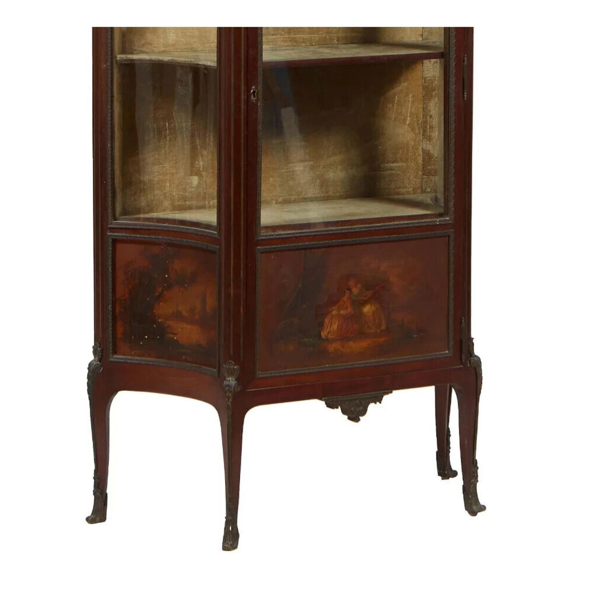 French 1900s Louis XV Vernis Martin Style, Carved Walnut, W/ Ormolu & Marble, Vitrine!! For Sale