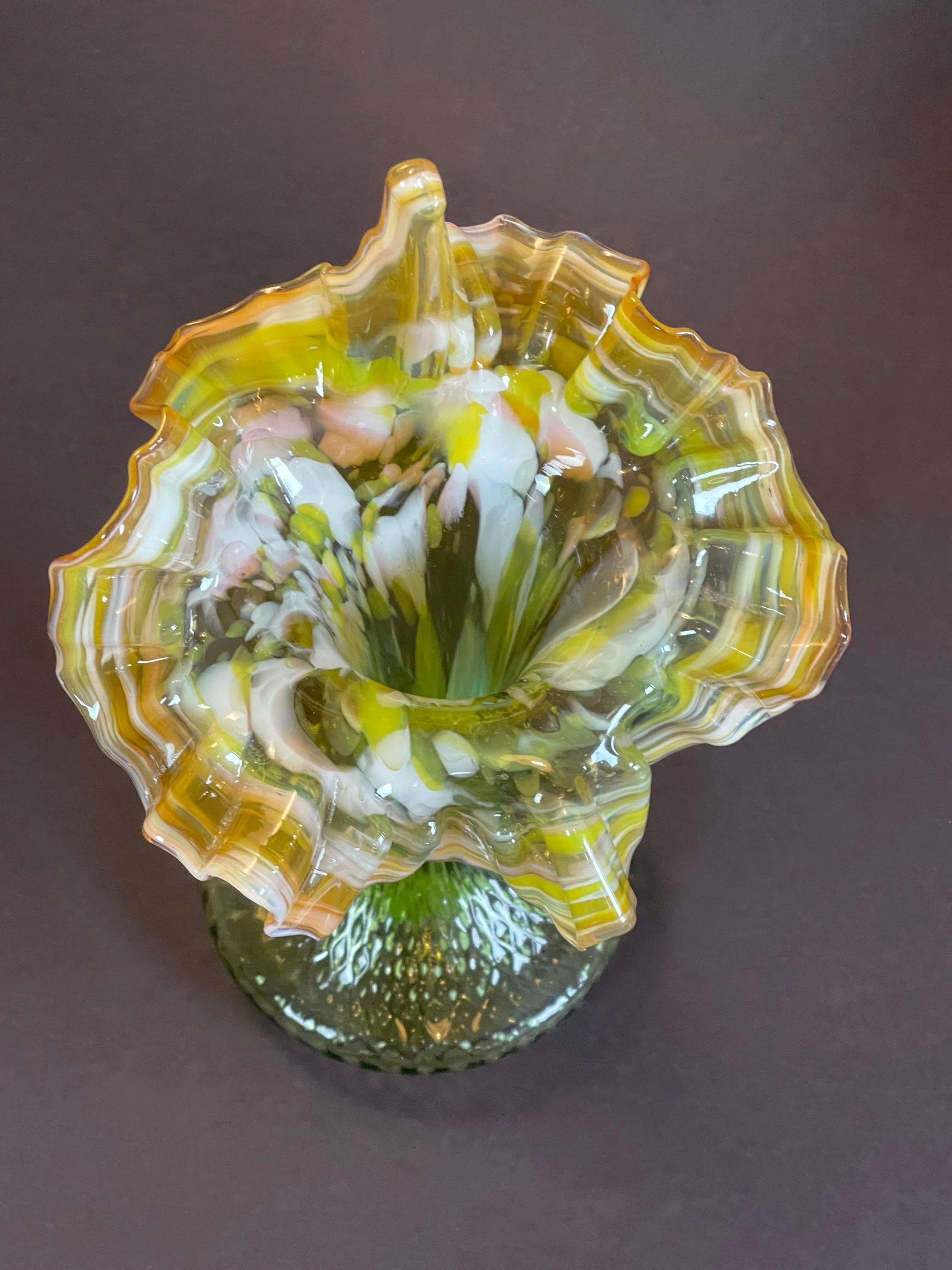 Hand-Crafted 1900s Lush Art Nouveau Glass Vase 'Jack in the Pulpit' Cornucopia Confetti Tutu For Sale