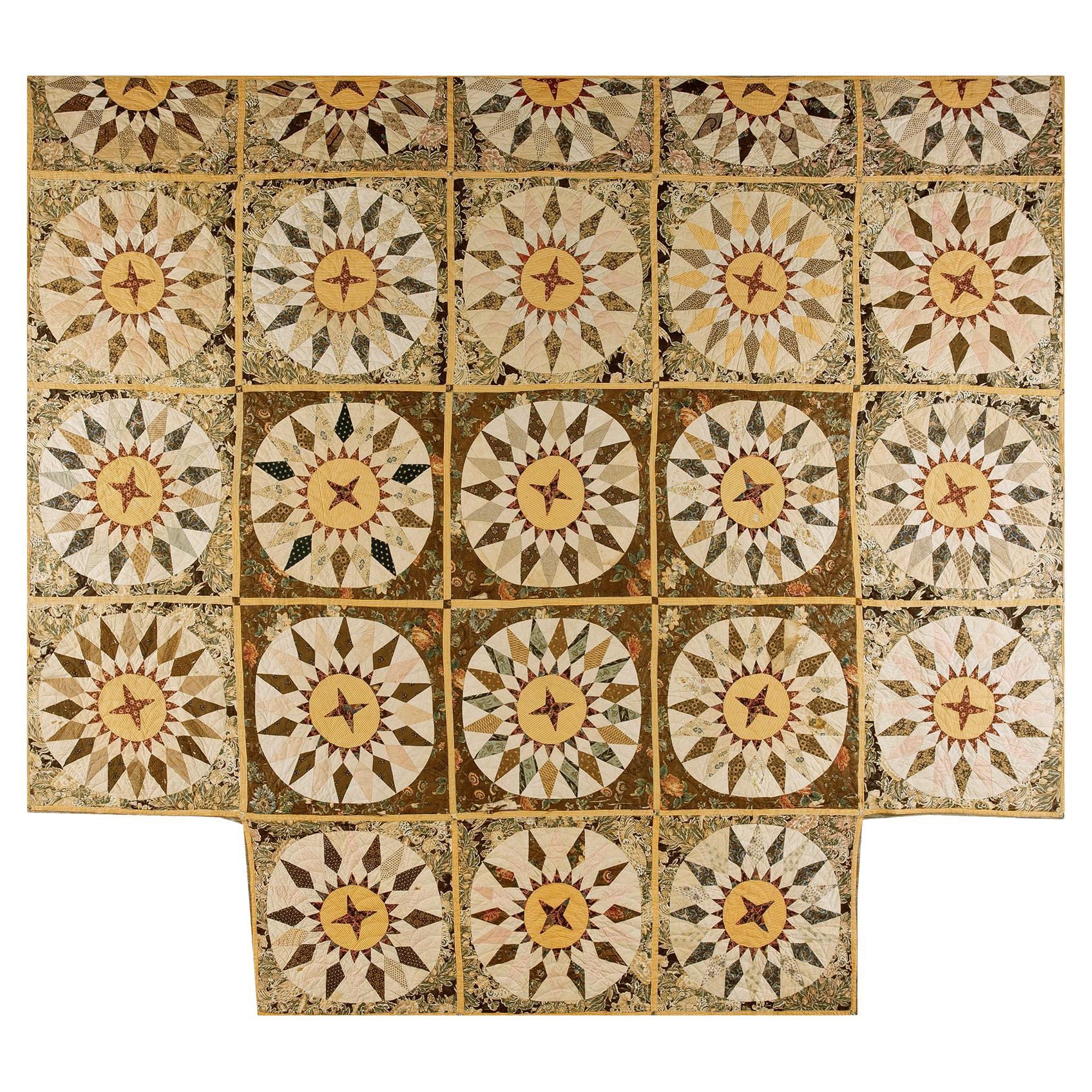 1900s Mariner
s Compass Antique American Bed Quilt 8
9

x10
 Americana Folk Art For Sale