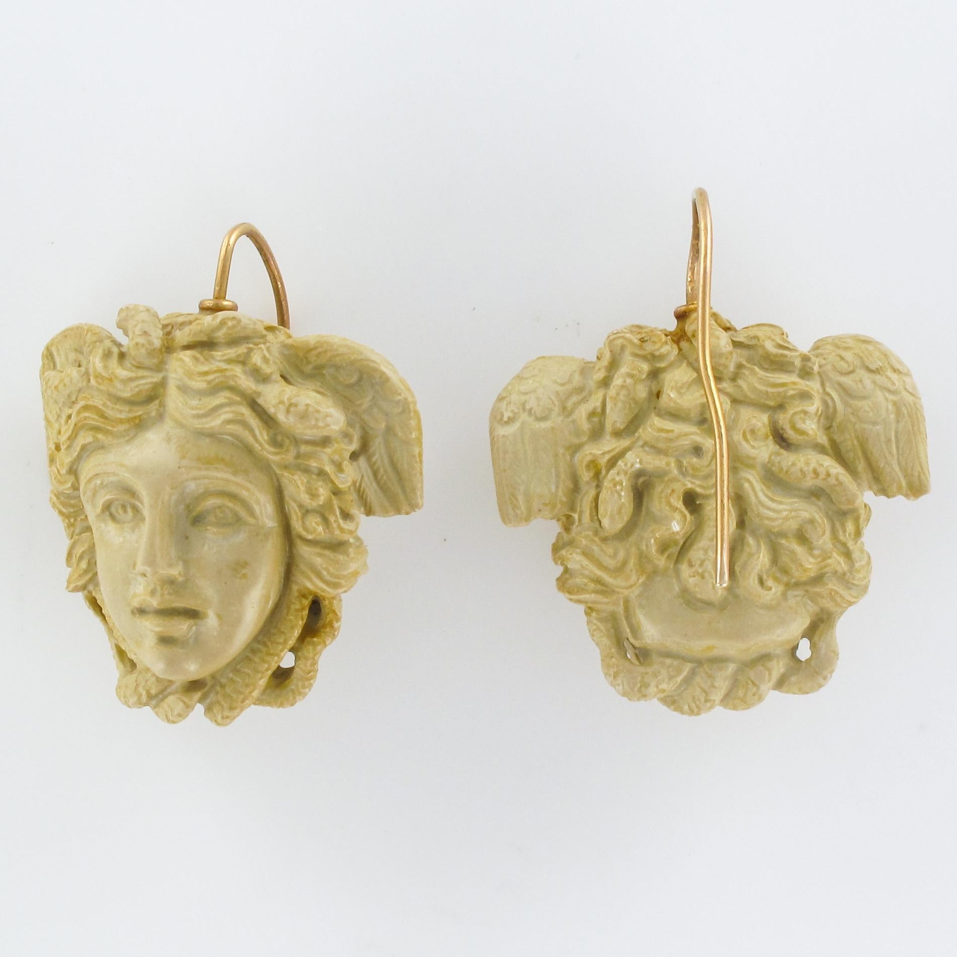1900s Medusa Lava Stone Cameo Dangle Earrings 6