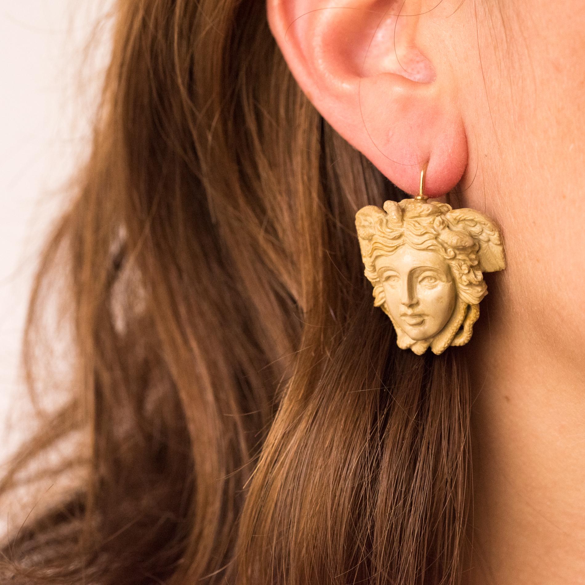 Women's 1900s Medusa Lava Stone Cameo Dangle Earrings