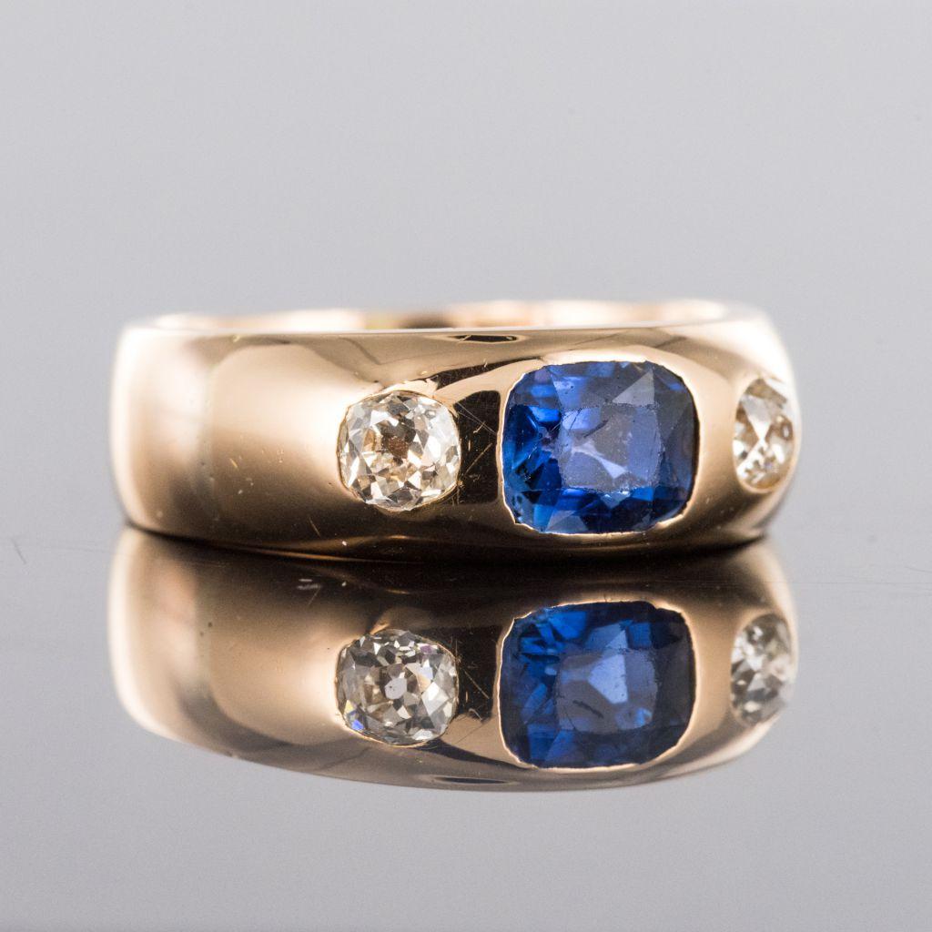 1900s Men or Women Sapphire Diamonds 18 Karat Gold Band Ring In Good Condition In Poitiers, FR