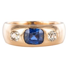 Antique 1900s Men or Women Sapphire Diamonds 18 Karat Gold Band Ring