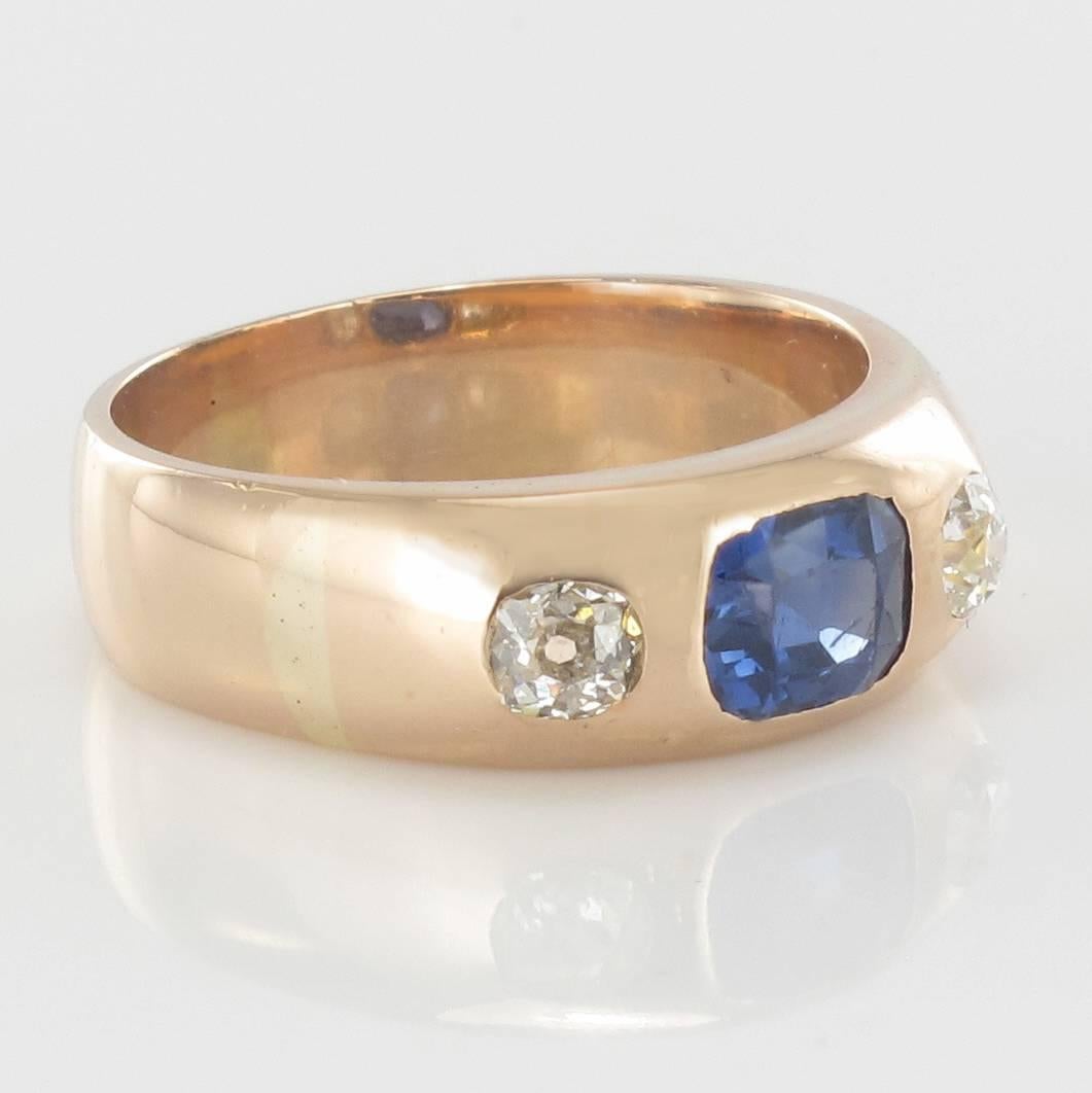 Edwardian 1900s Men or Women Sapphire Diamonds 18K Gold Band Ring
