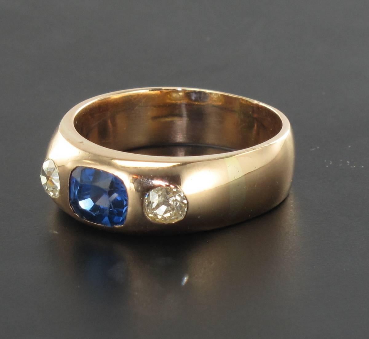 1900s Men or Women Sapphire Diamonds 18K Gold Band Ring In Good Condition In Poitiers, FR