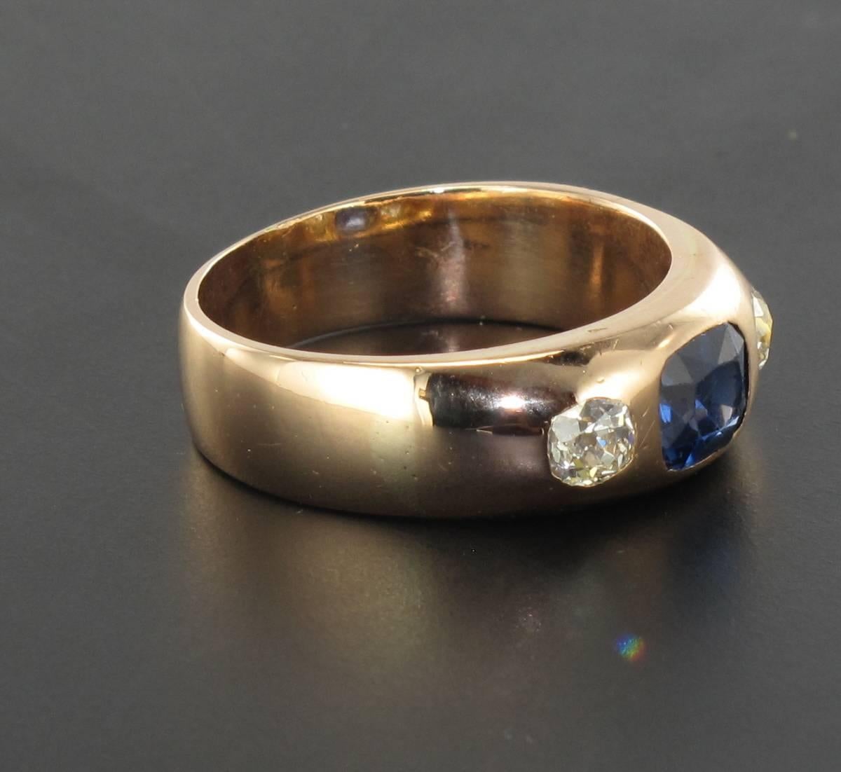 1900s Men or Women Sapphire Diamonds 18K Gold Band Ring 2
