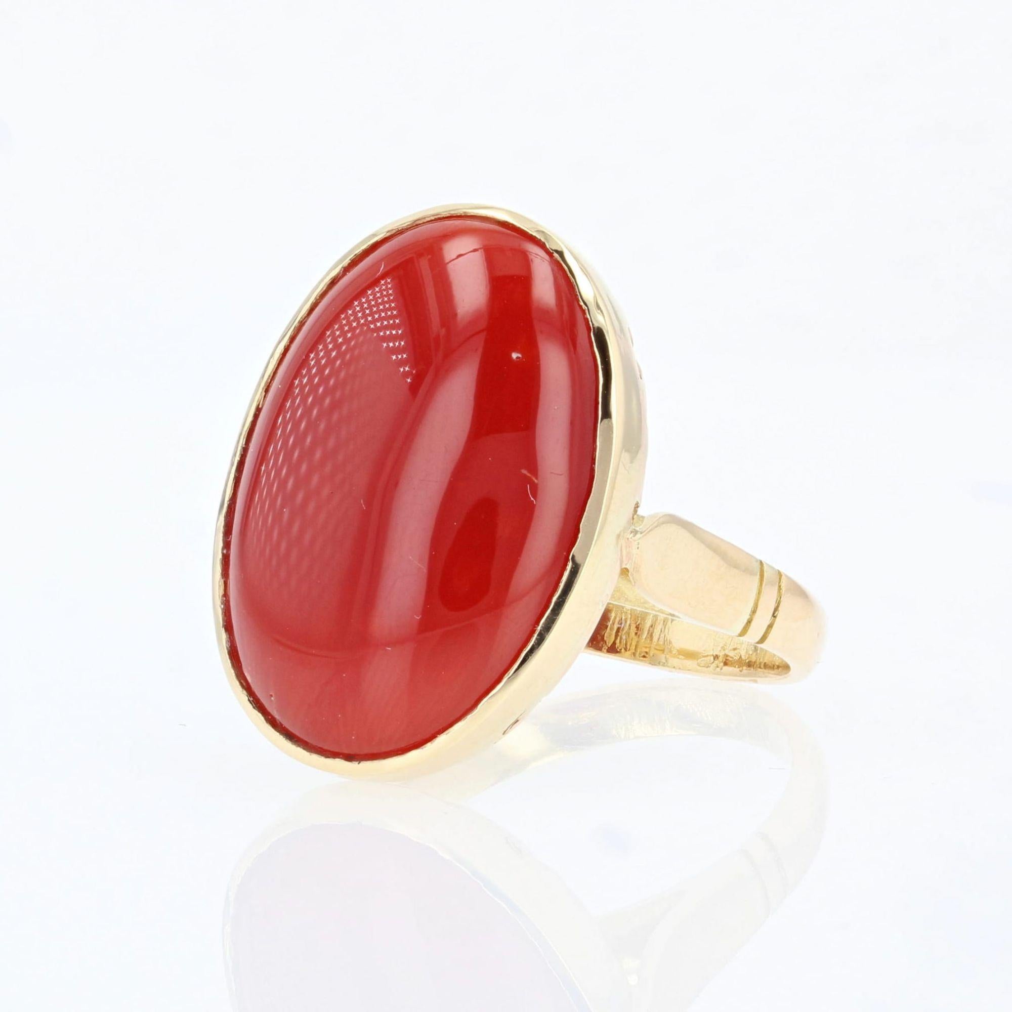 Belle Époque 1900s Natural Japanese Blood Red Coral 18 Karat Yellow Gold Ring For Sale