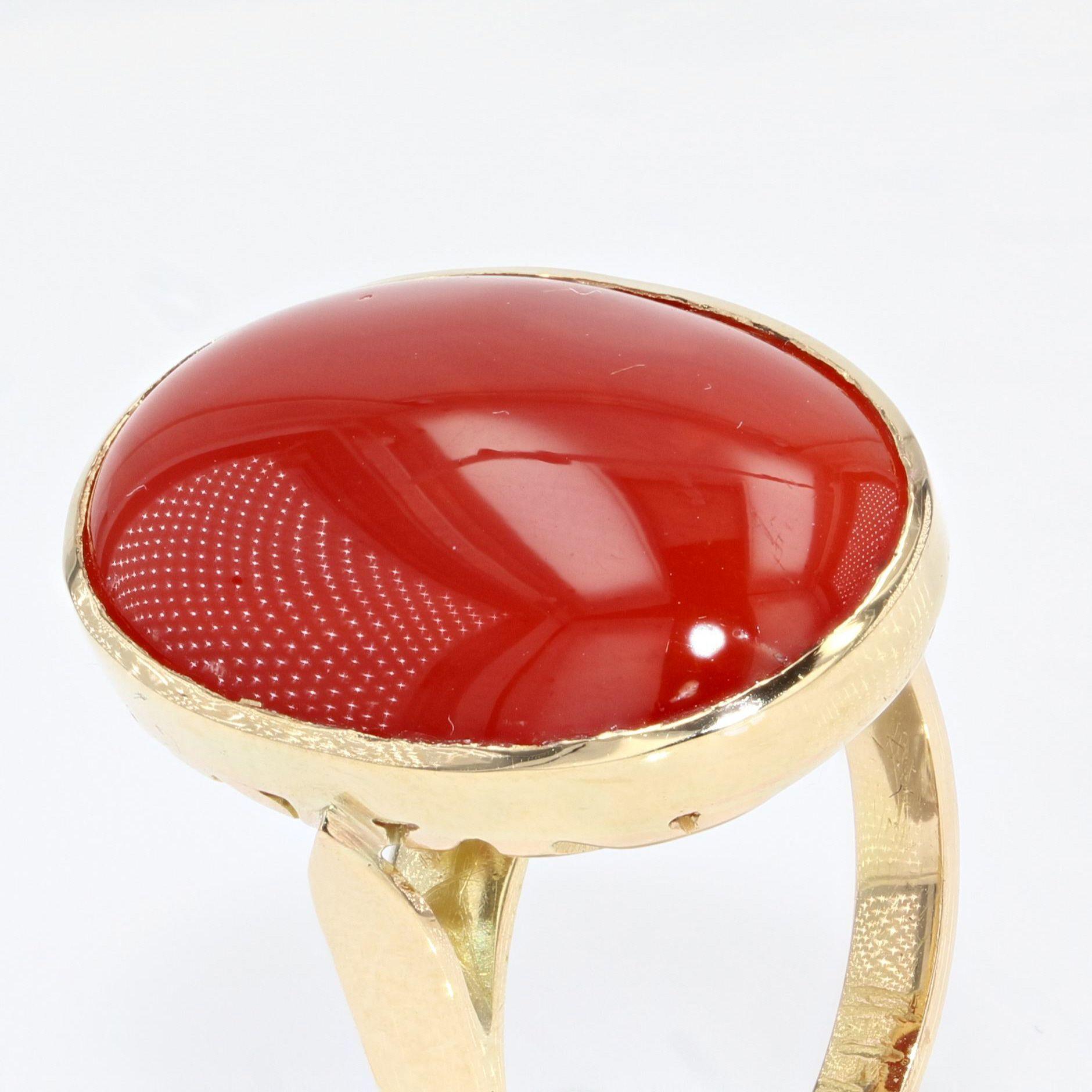 Cabochon 1900s Natural Japanese Blood Red Coral 18 Karat Yellow Gold Ring For Sale