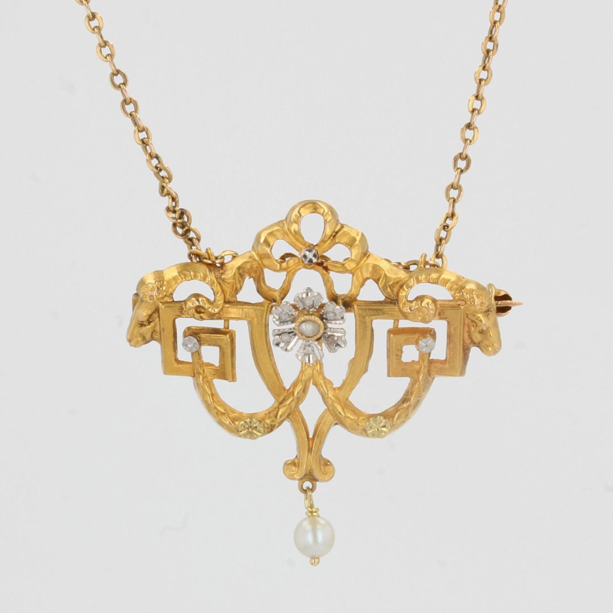 Belle Époque 1900s Natural Pearl Diamonds 18 Karat Yellow Gold Brooch Pendant