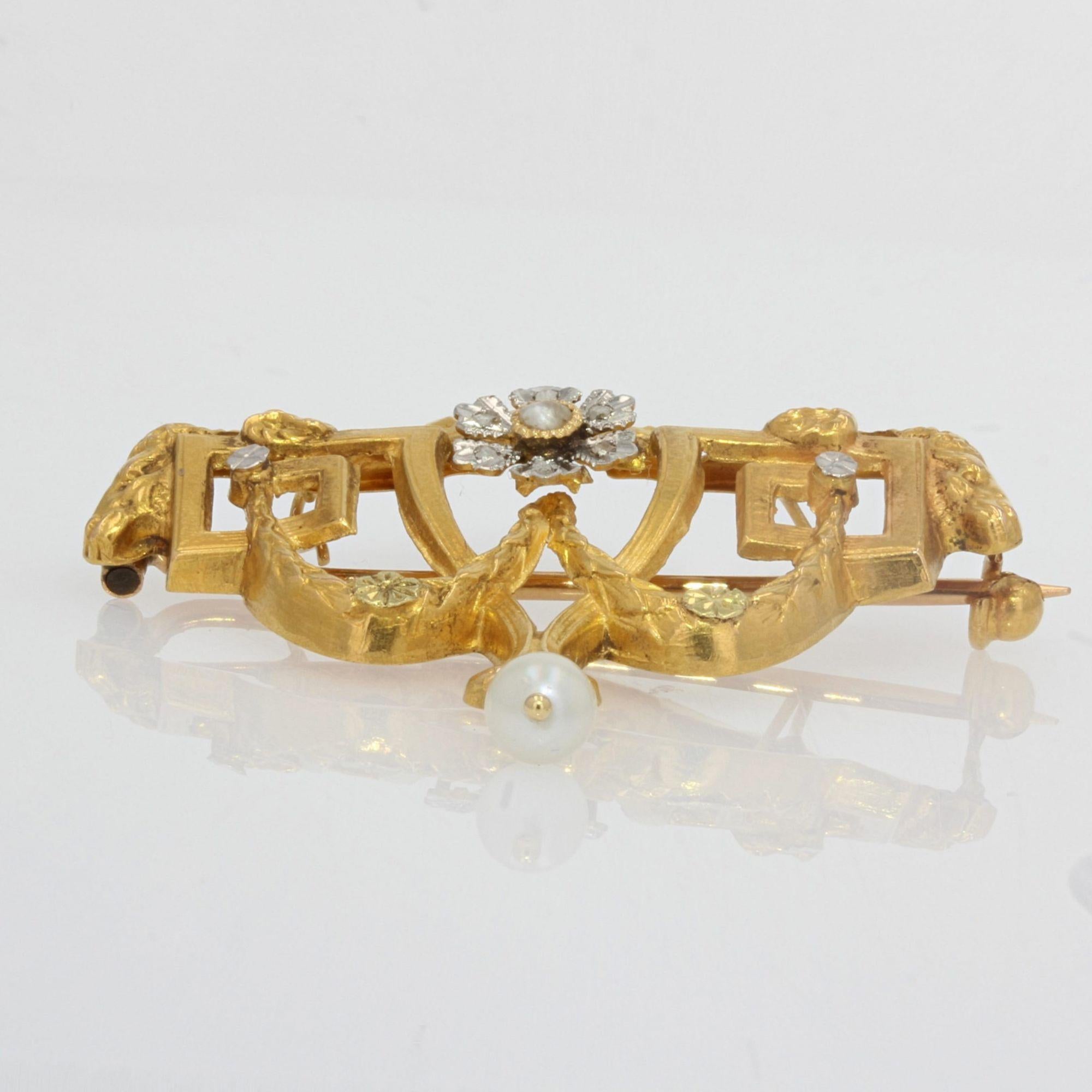 1900s Natural Pearl Diamonds 18 Karat Yellow Gold Brooch Pendant 2