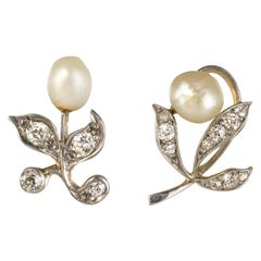 1900s Natural Pearl Diamonds 18 Karat Yellow Gold Platinum Earrings