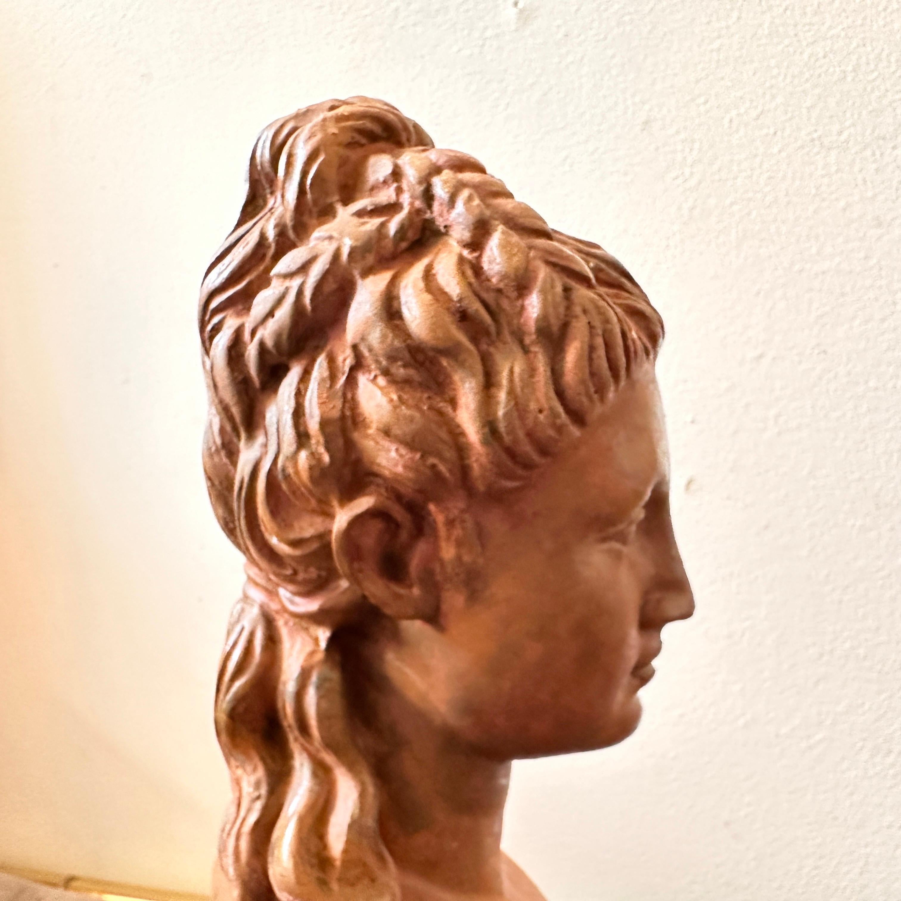 20th Century 1900s Neoclassical Red Brick Patina Metal Italian Bust of a Woman For Sale