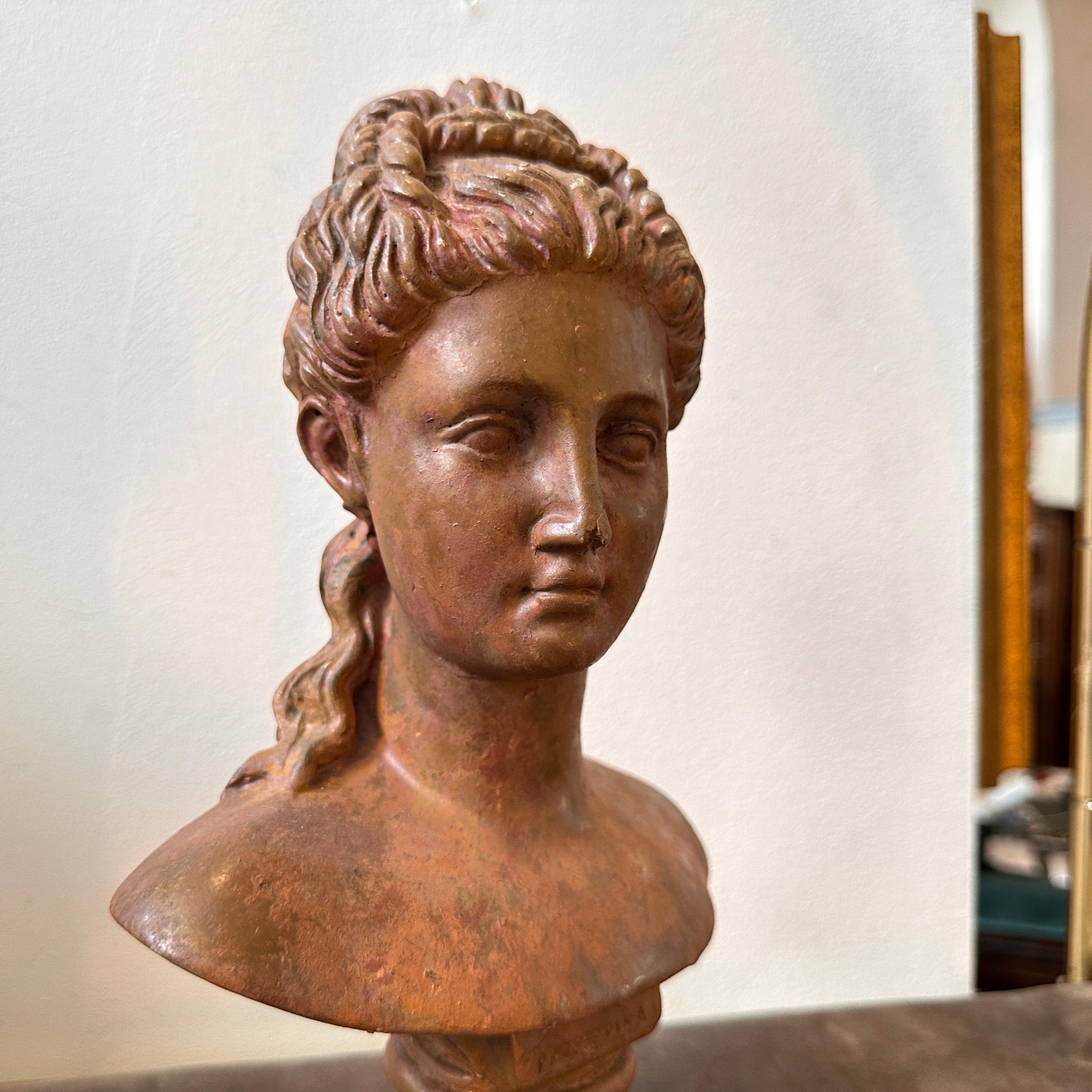 1900s Neoclassical Red Brick Patina Metal Italian Bust of a Woman For Sale 4