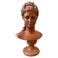 Antique 1900s Neoclassical Red Brick Patina Metal Italian Bust of a Woman