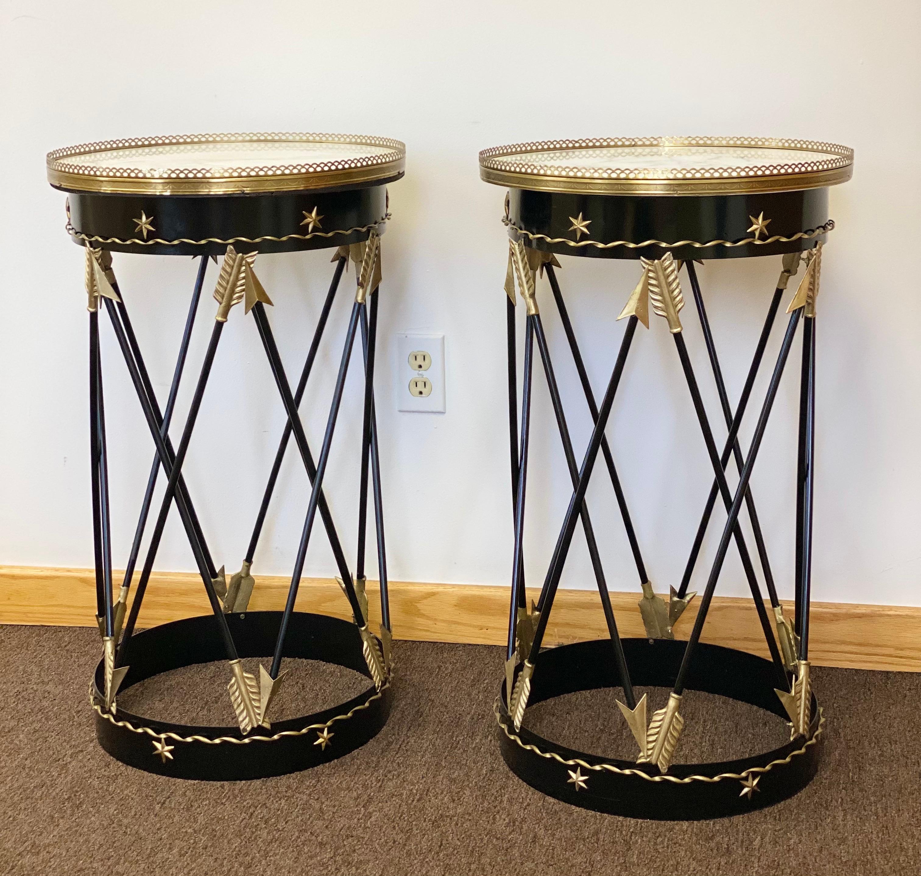 1900s Neoclassical Style Iron Bronze and Marble Arrow Motif Side Tables, a Pair In Good Condition In Farmington Hills, MI