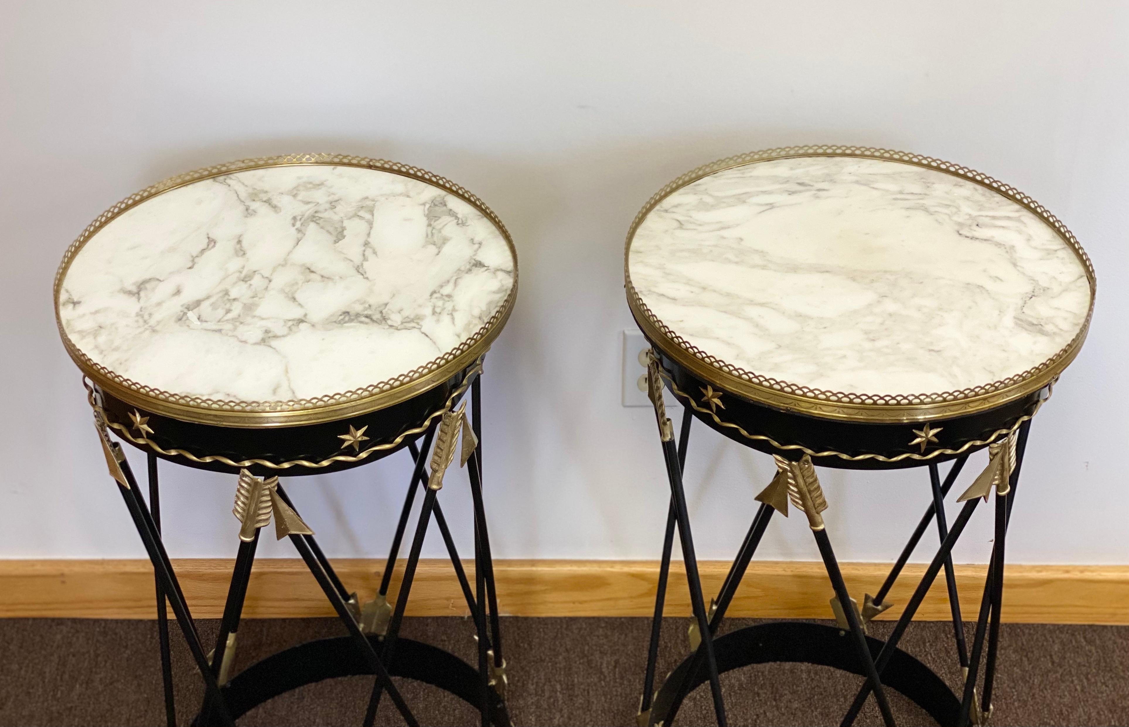 Early 20th Century 1900s Neoclassical Style Iron Bronze and Marble Arrow Motif Side Tables, a Pair
