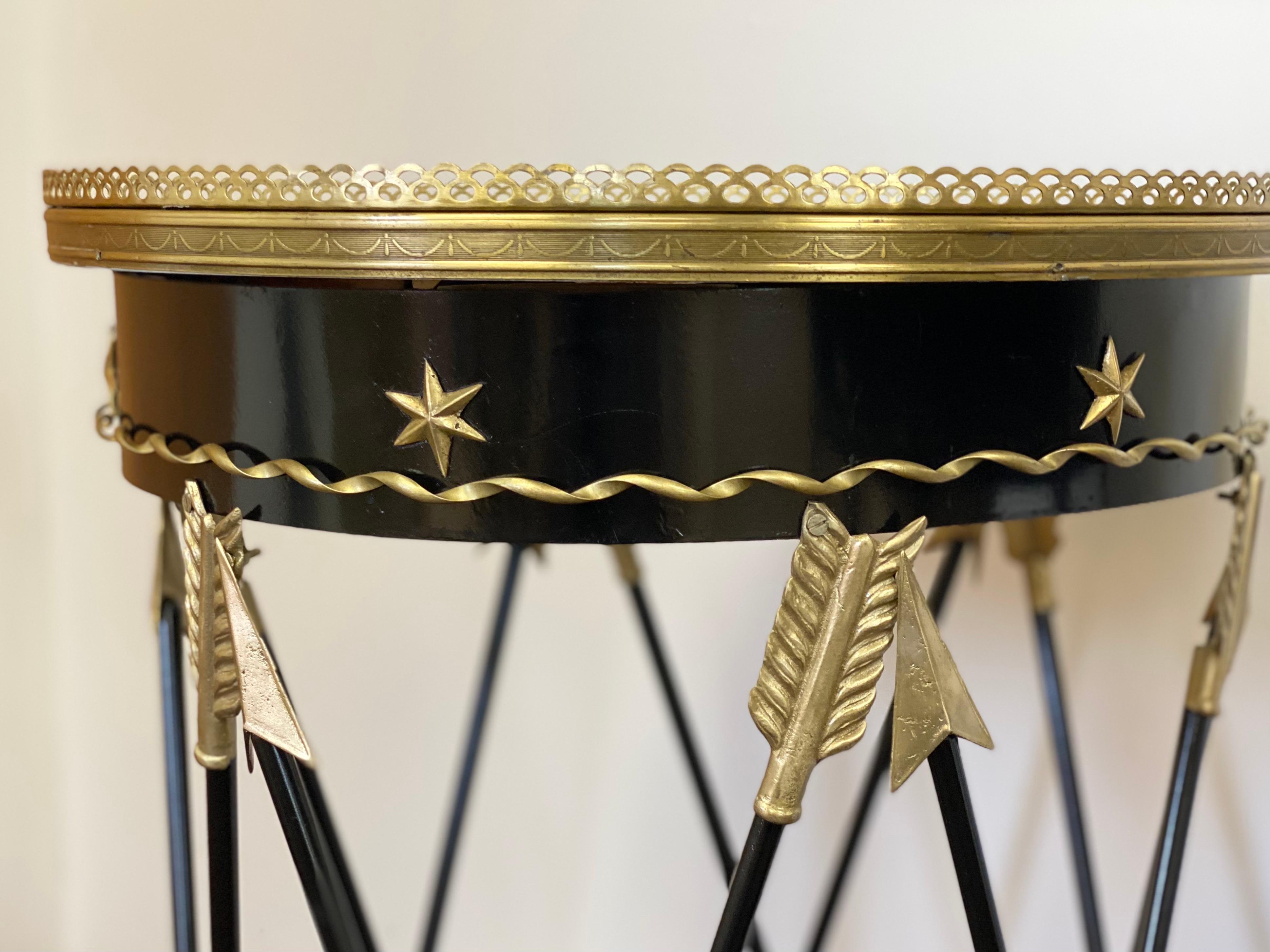 1900s Neoclassical Style Iron Bronze and Marble Arrow Motif Side Tables, a Pair 2