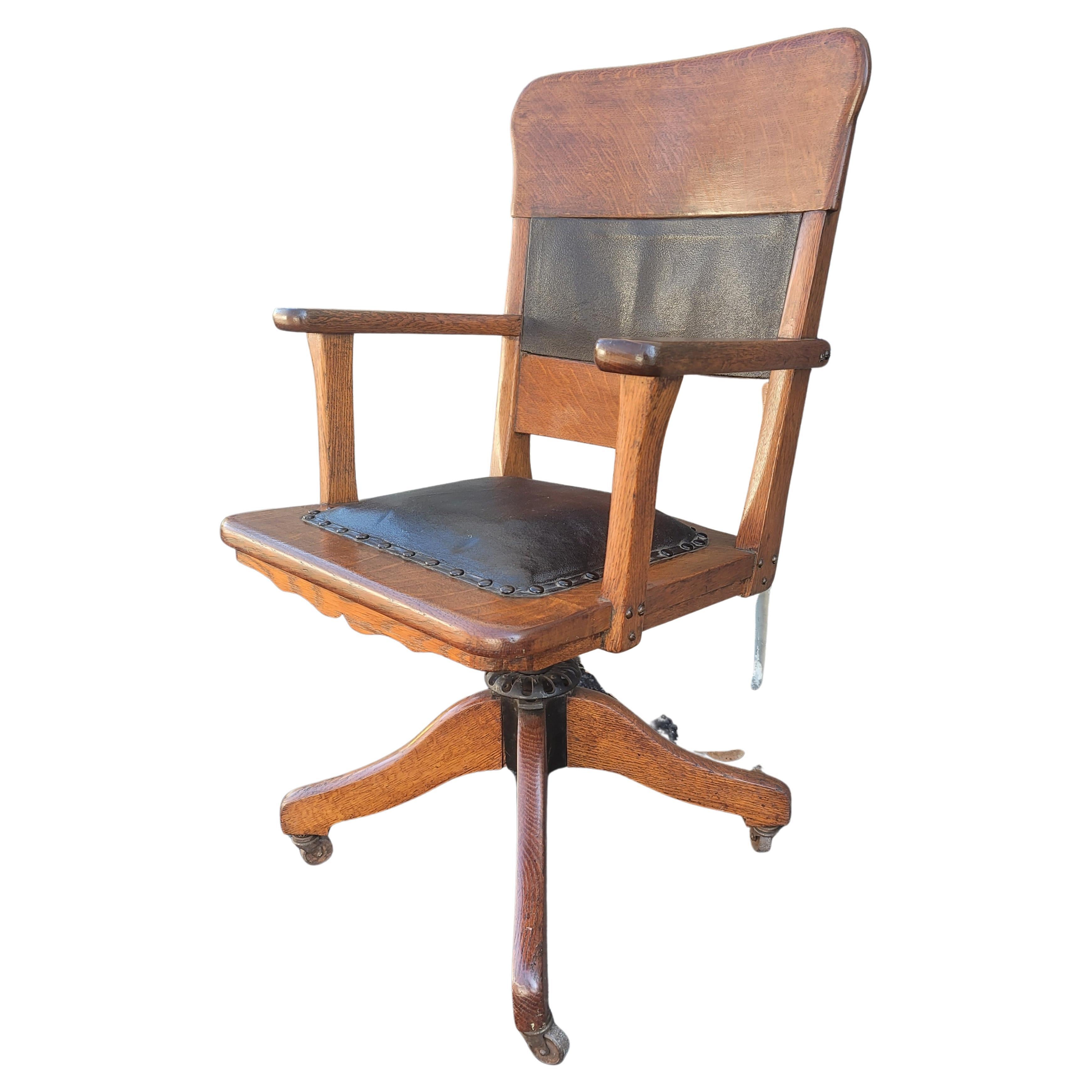 Chêne et cuir 1900 Bankers Chaise de bureau pivotante et inclinable Siège à ressorts 2