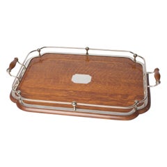 curved wooden tray Antique 1900
s Oak and Silver Plate Tray