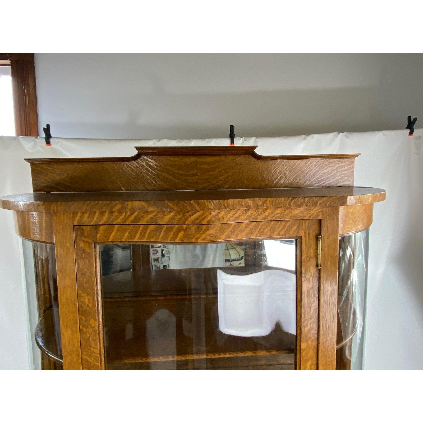 Glass 1900s Oak Double Bow Curved Claw Foot China Cabinet