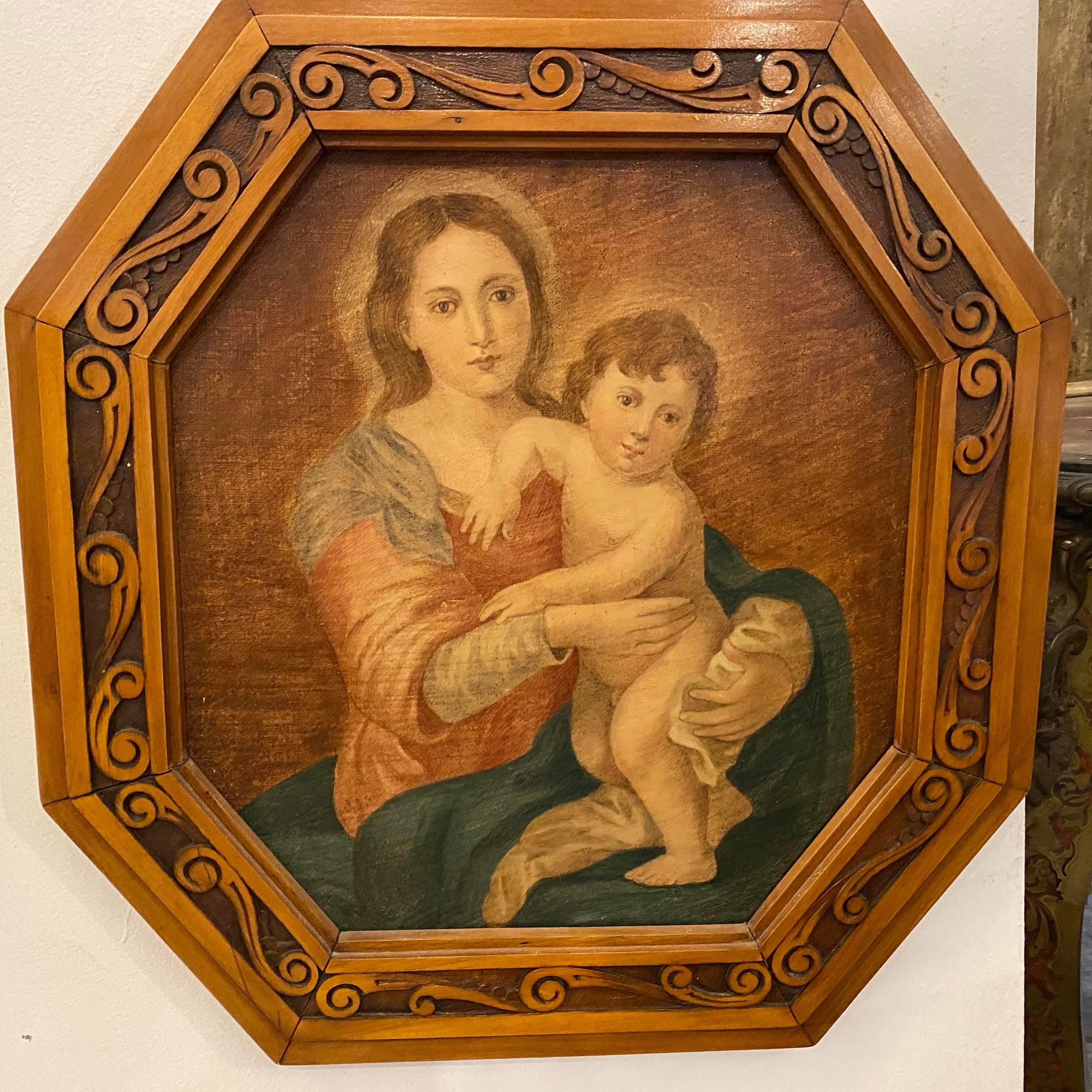 Achteckiges gerahmtes Ölgemälde „Madonna und Kind“, Italien, 1900er Jahre (Frühes 20. Jahrhundert) im Angebot