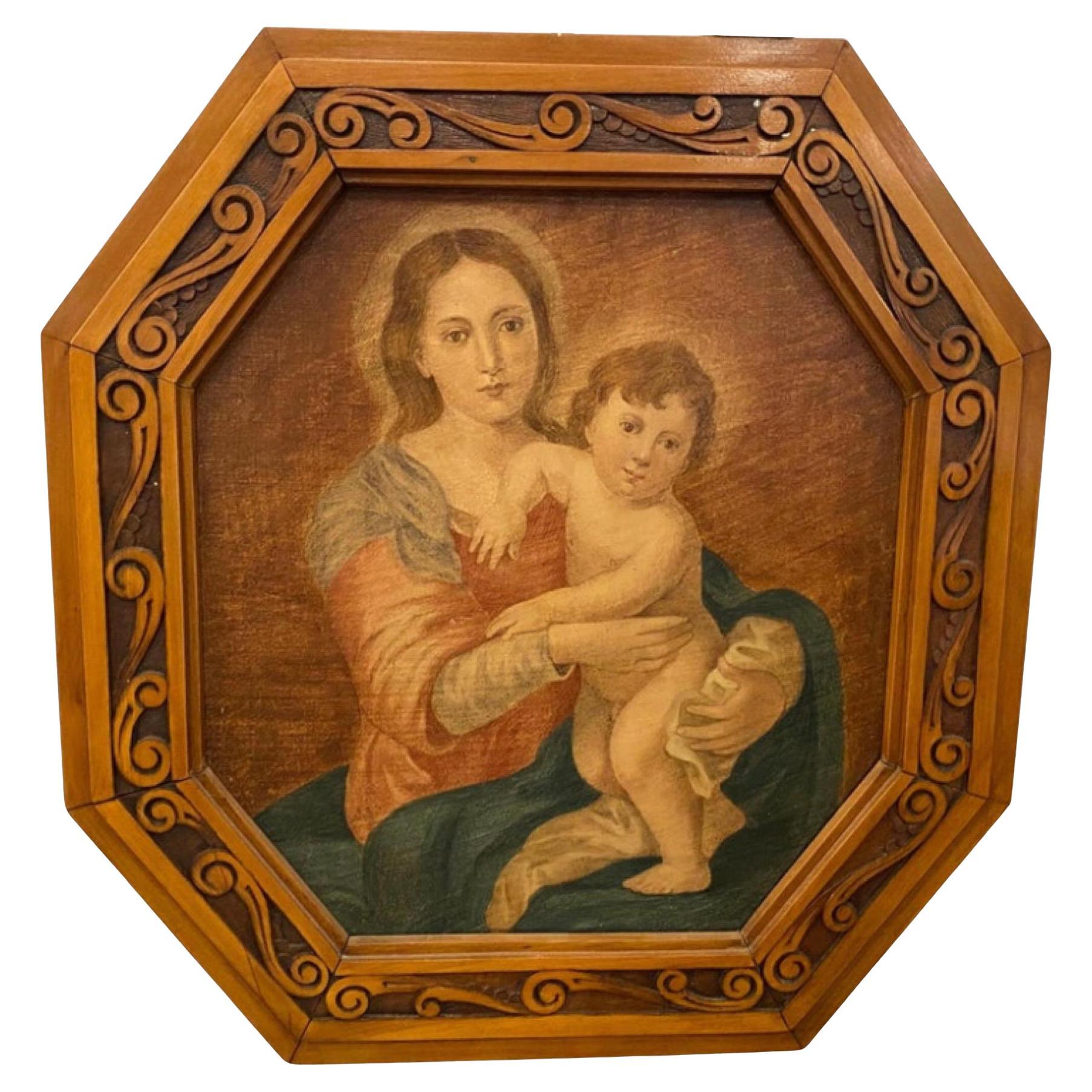 Peinture à l'huile italienne octogonale encadrée « Madonna and Child » des années 1900