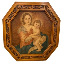 Antique 1900s Octagonal Framed "Madonna and Child" Italian Oil Painting