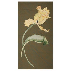 1900s Olive Green Ground Floral Antique European Needlepoint Handmade Wool Rug