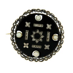 1900s Onyx Pearl Diamond Gold Brooch