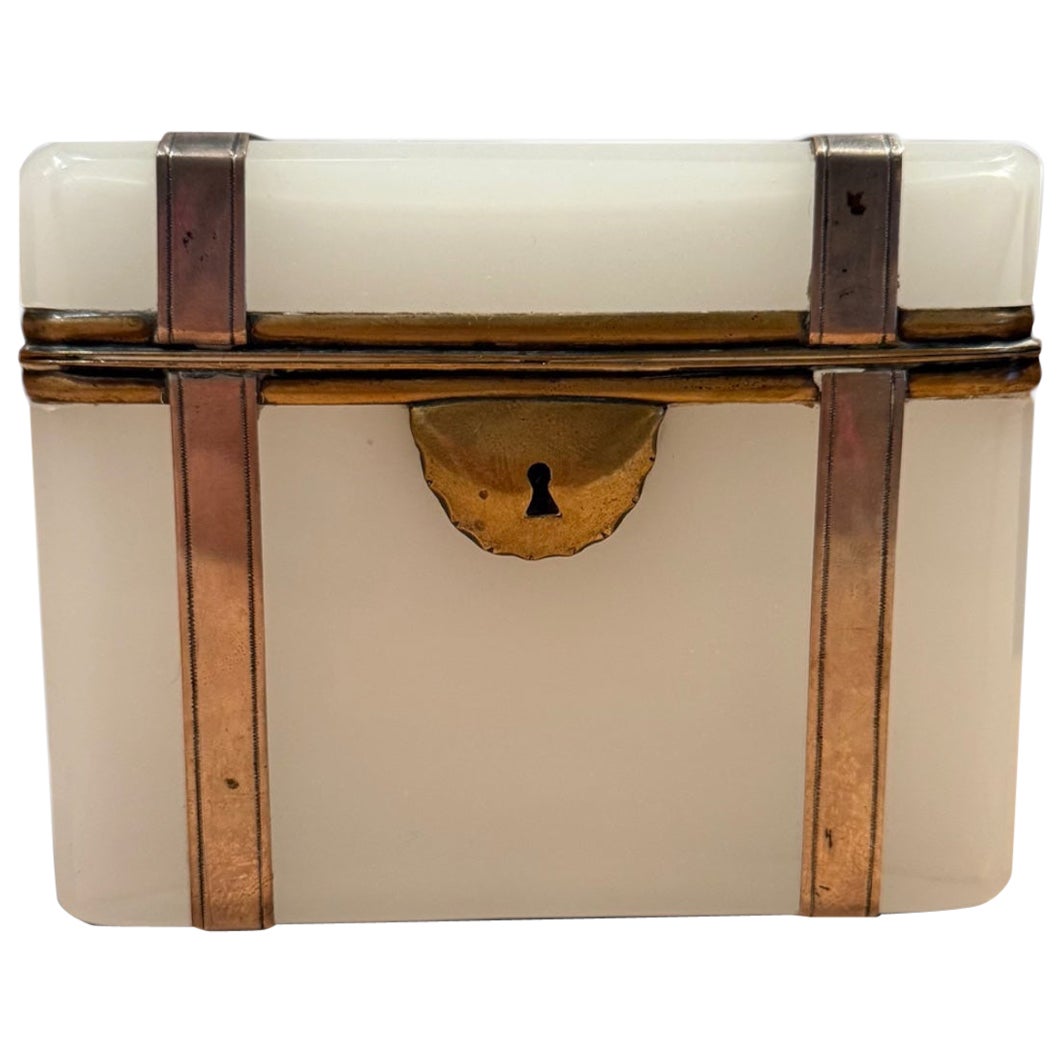 French Opaline Glass Box Mounted in Brass and Sterling Silver, Circa 1900