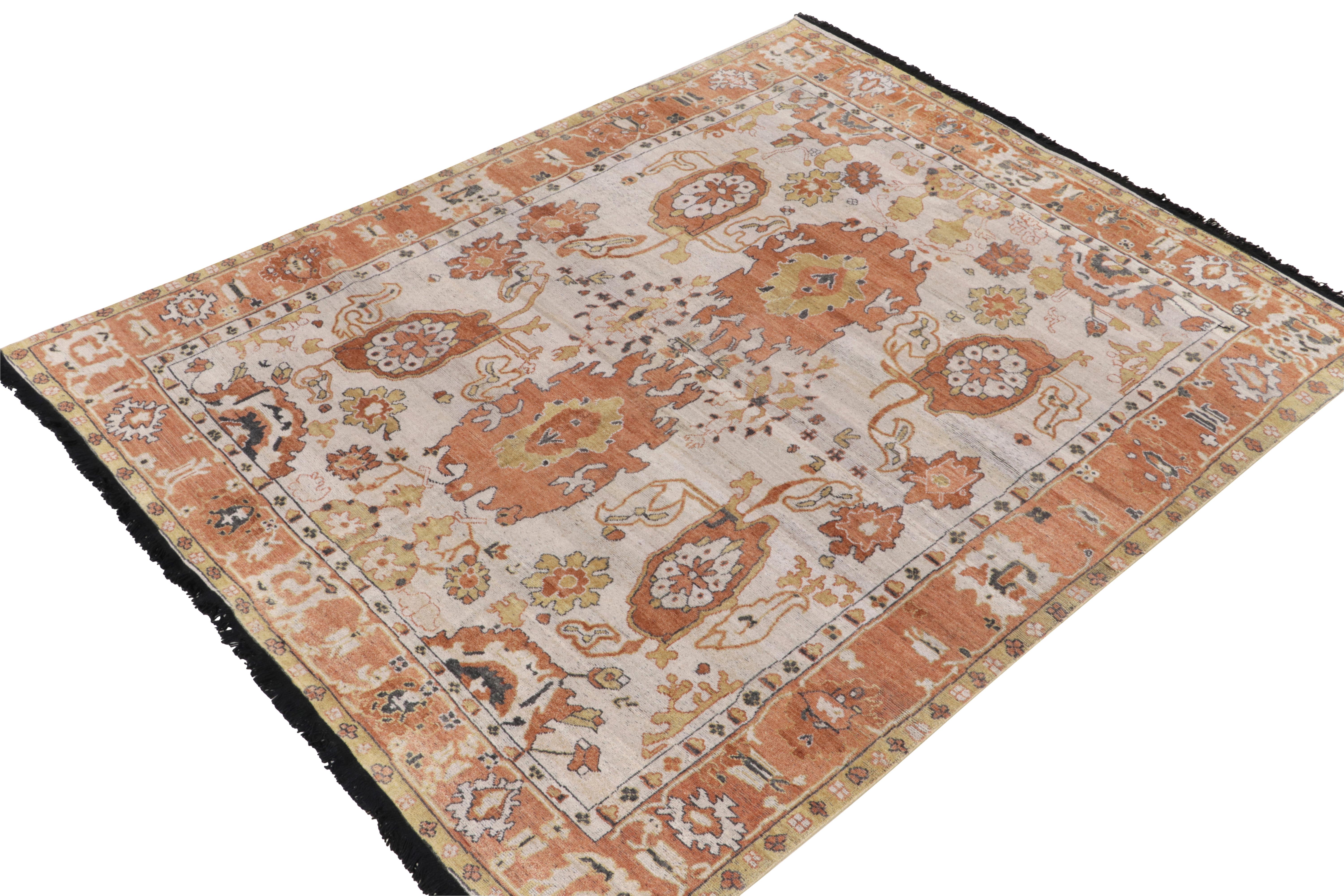 Hand-knotted in wool, an 8x10 ode to classic rugs witnessing a union of tribal and contemporary aesthetics—from Rug & Kilim’s Burano Collection. The carpet draws on turn-of-the-century antique Oushak rug designs with well-defined floral palmettes in