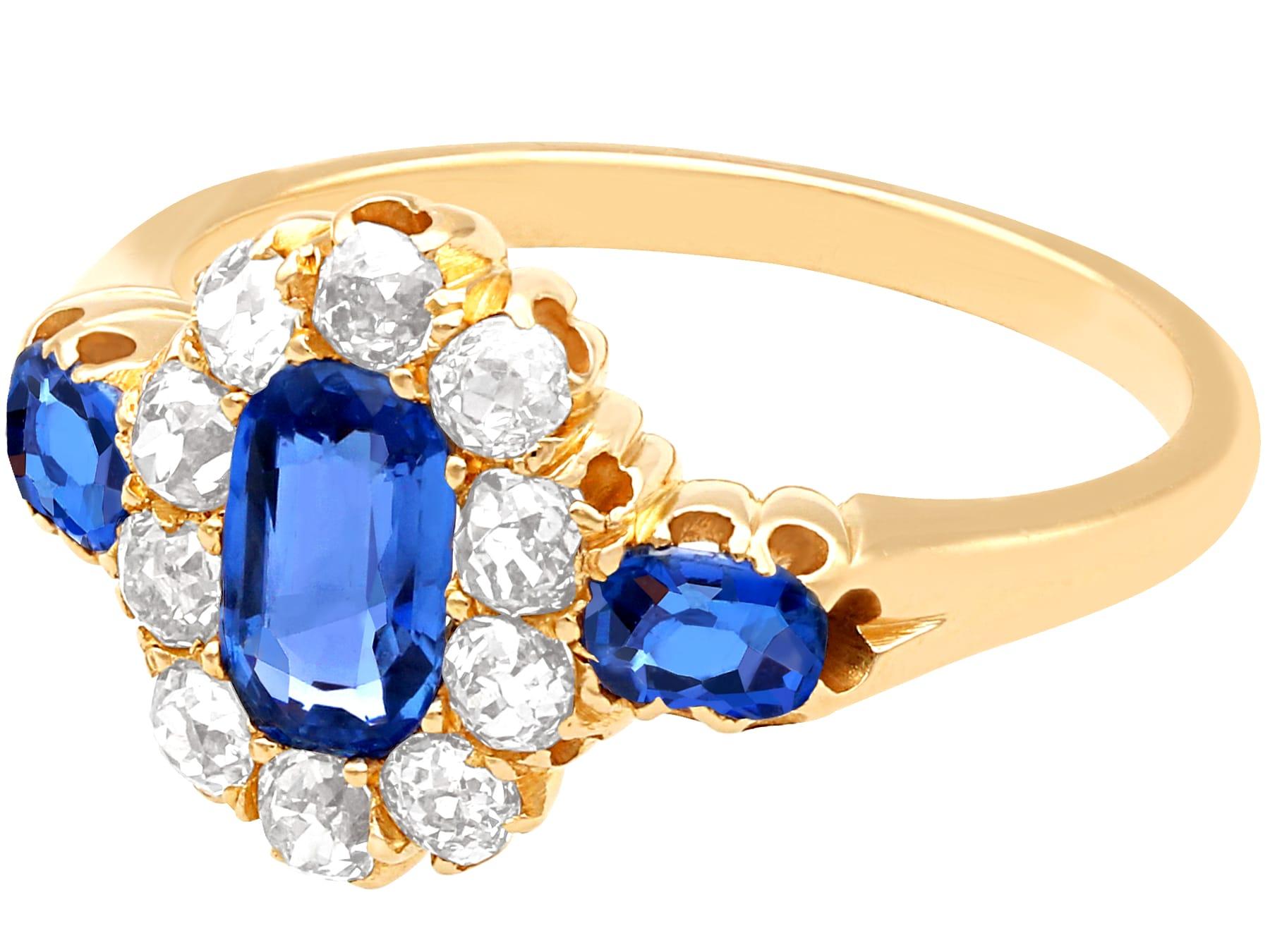A stunning antique 1.10 carat sapphire and 0.60 carat diamond, 18 karat yellow gold cocktail ring; part of our diverse antique jewelry and estate jewelry collections.

This stunning, fine and impressive oval cut sapphire and diamond cocktail ring