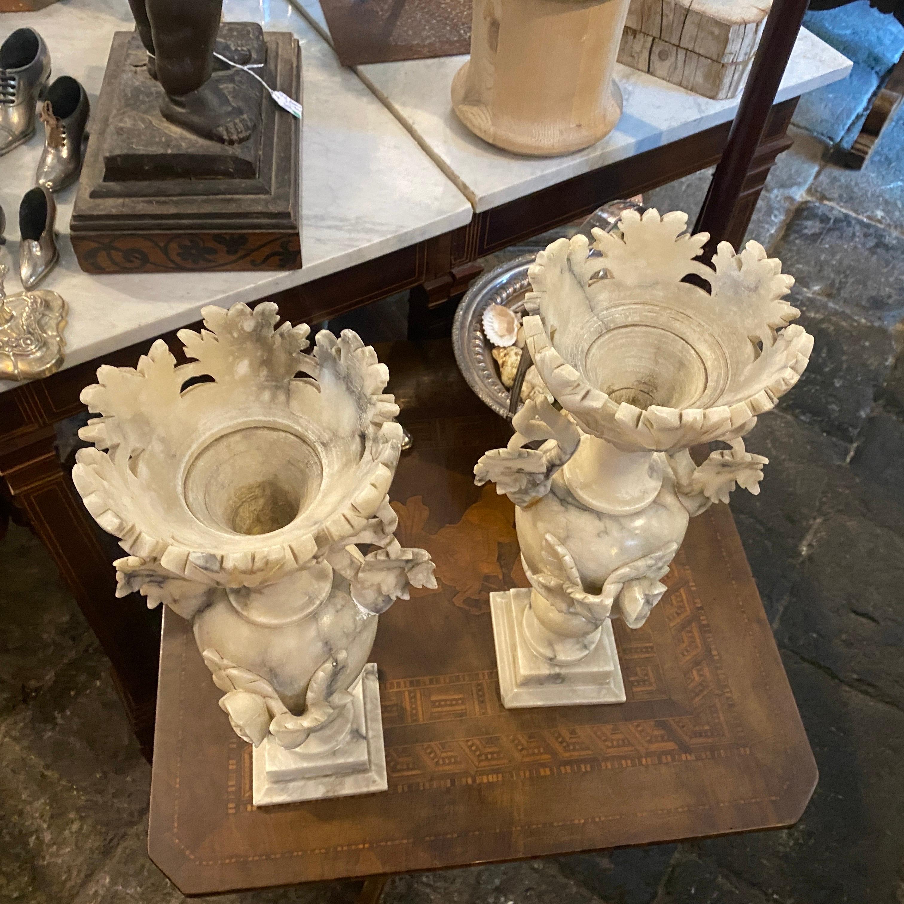 1900s Pair Art Nouveau Alabaster Italian Amphora Vases 5