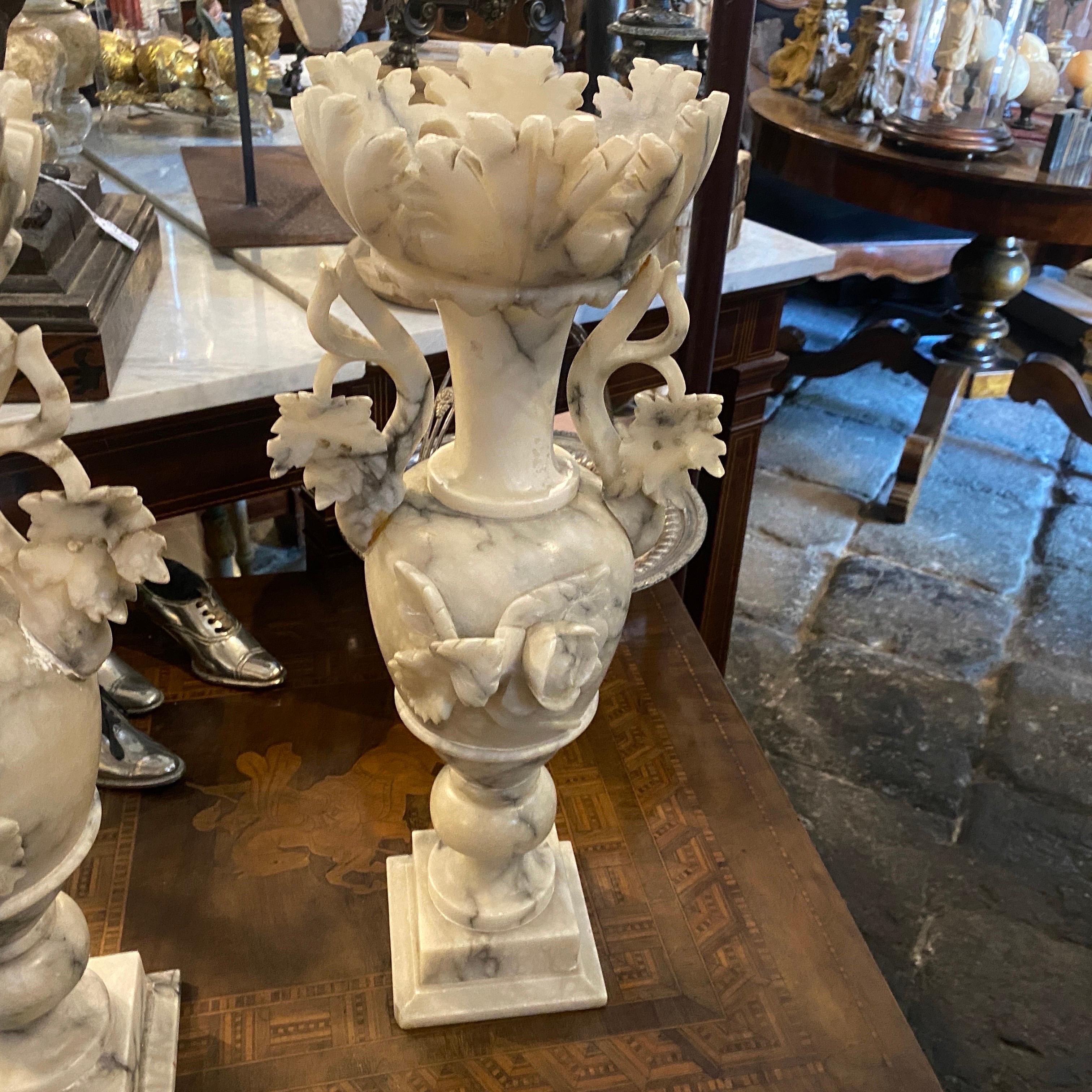 1900s Pair Art Nouveau Alabaster Italian Amphora Vases 6