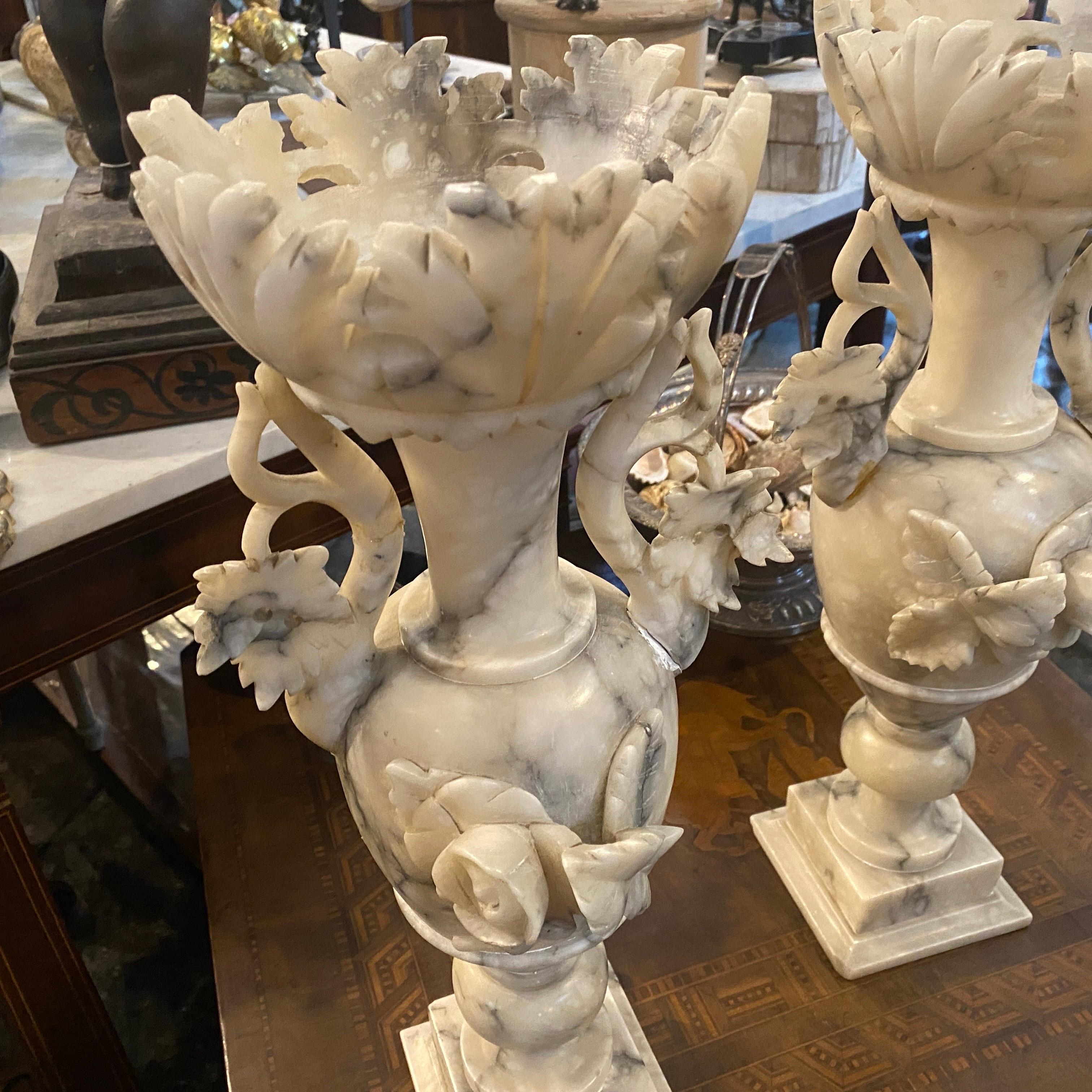 1900s Pair Art Nouveau Alabaster Italian Amphora Vases 9