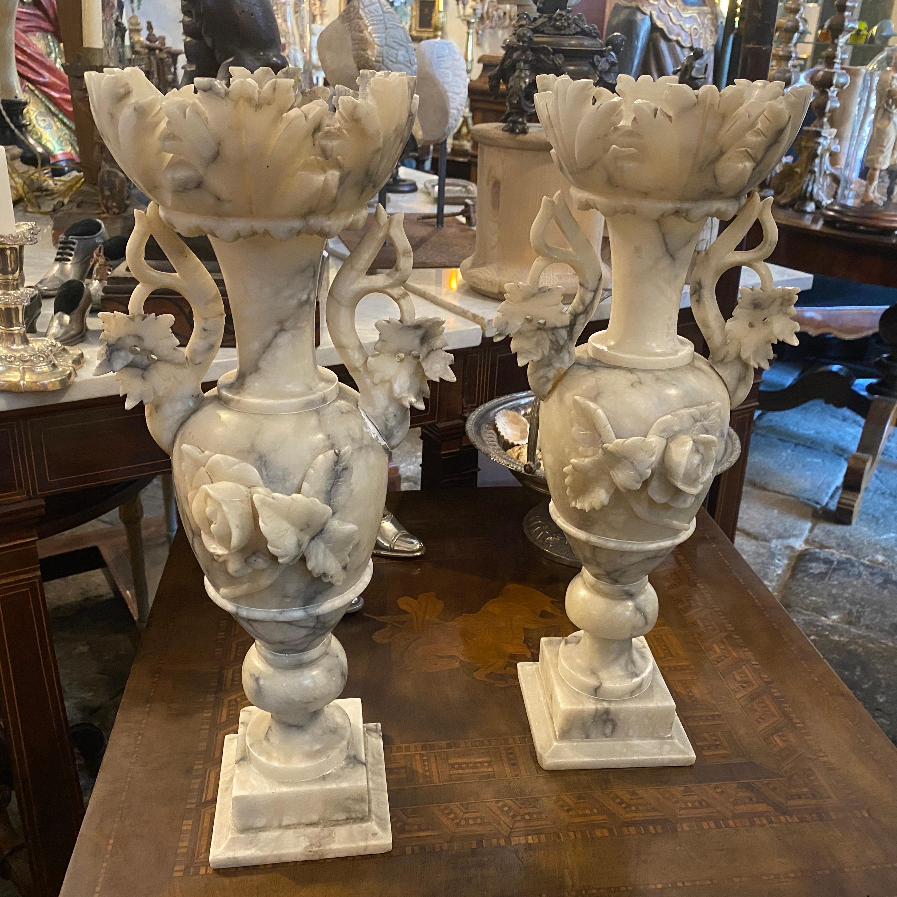 1900s Pair Art Nouveau Alabaster Italian Amphora Vases 10