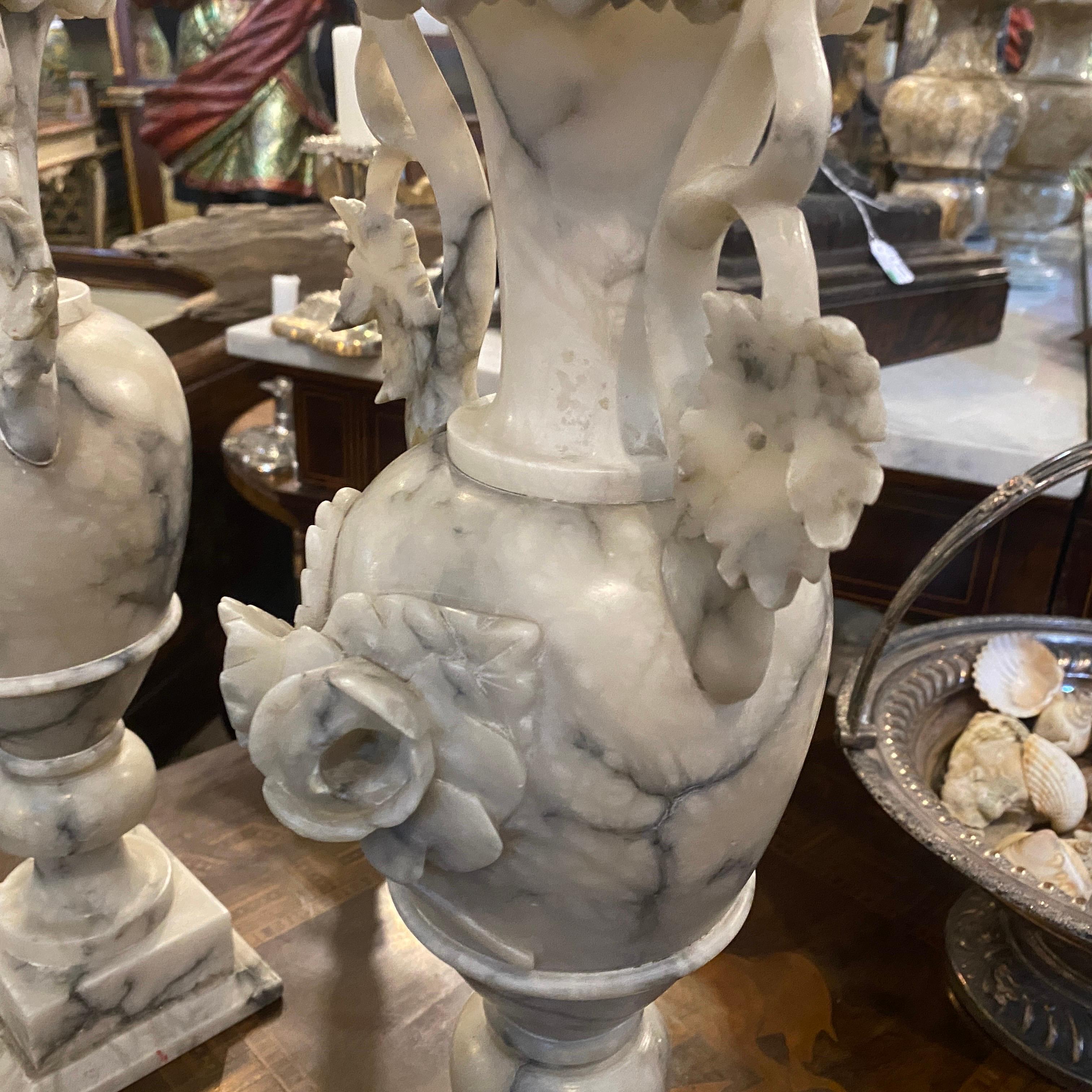 Early 20th Century 1900s Pair Art Nouveau Alabaster Italian Amphora Vases