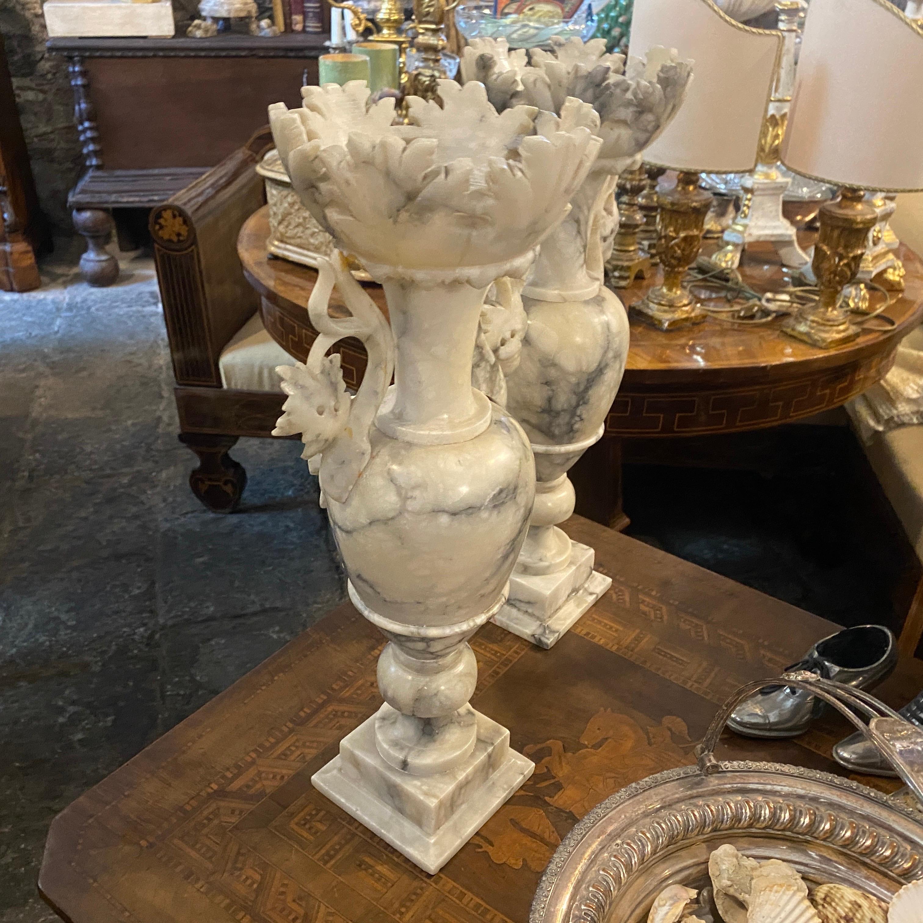 1900s Pair Art Nouveau Alabaster Italian Amphora Vases 2