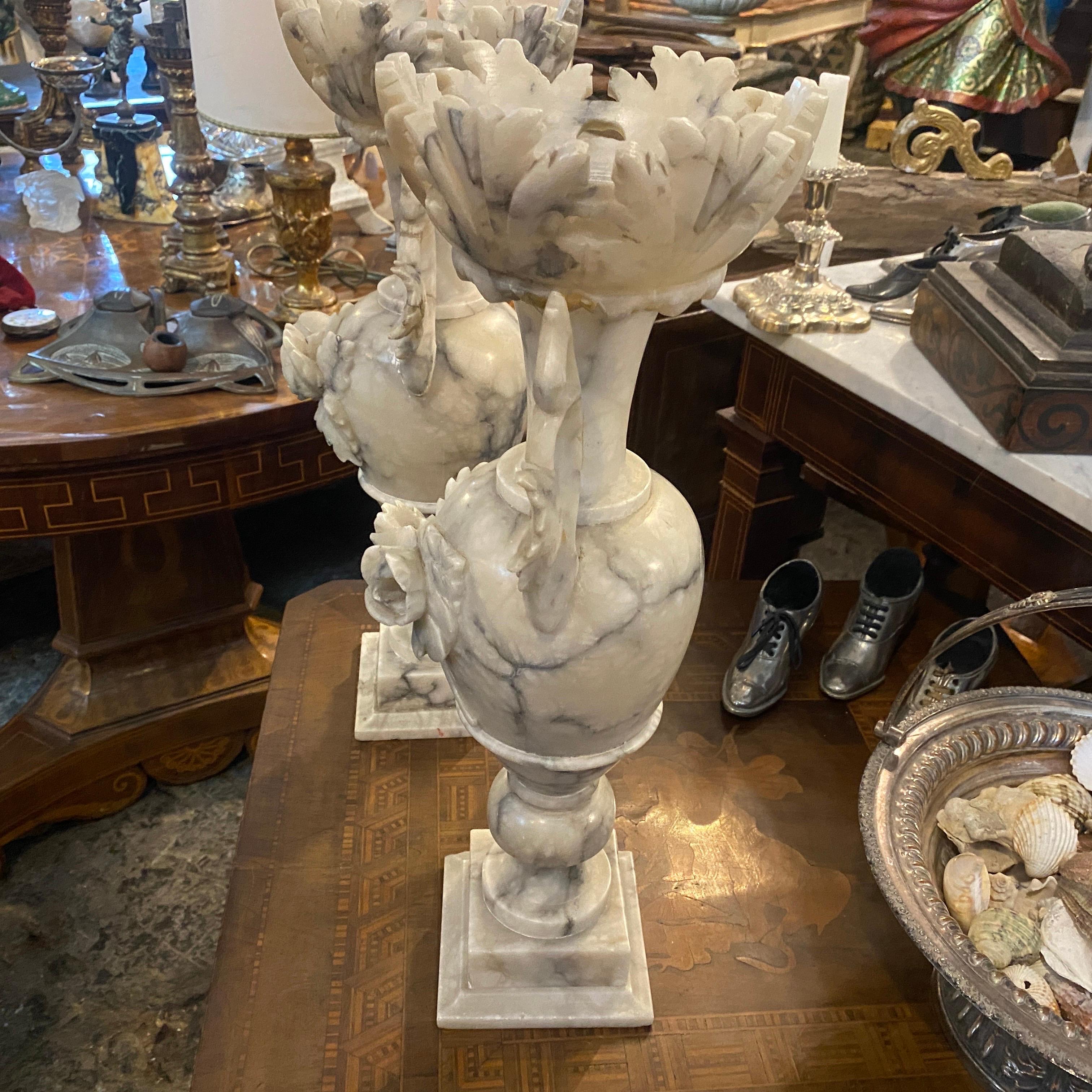 1900s Pair Art Nouveau Alabaster Italian Amphora Vases 3