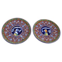 1900s Pair, FAENZA Italy Renaissance Revival Painted Majolica Wall Plates Signed