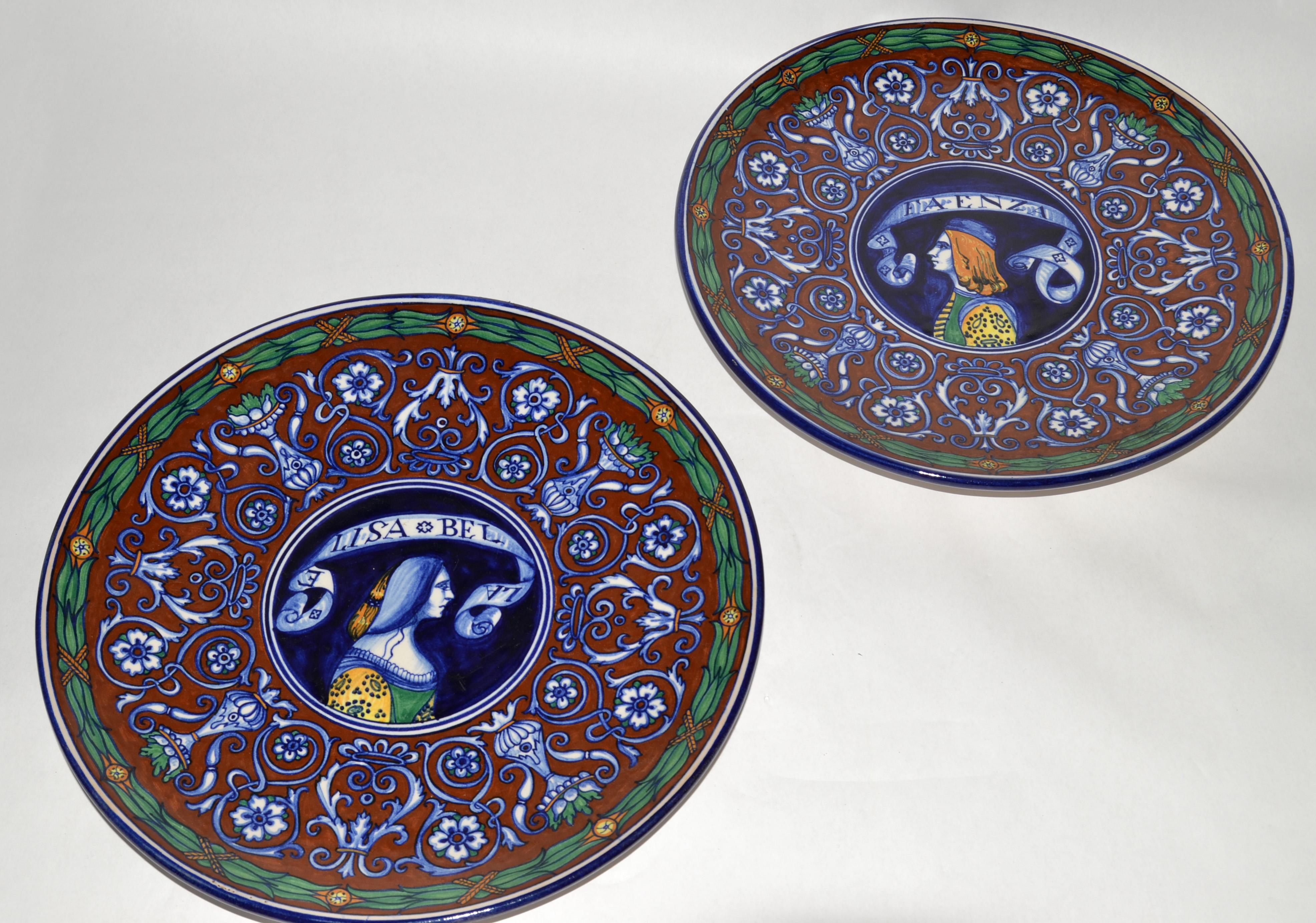 1900er Paar, FAENZA Italien Renaissance Revival bemalte Majolika Wandteller signiert im Angebot 2