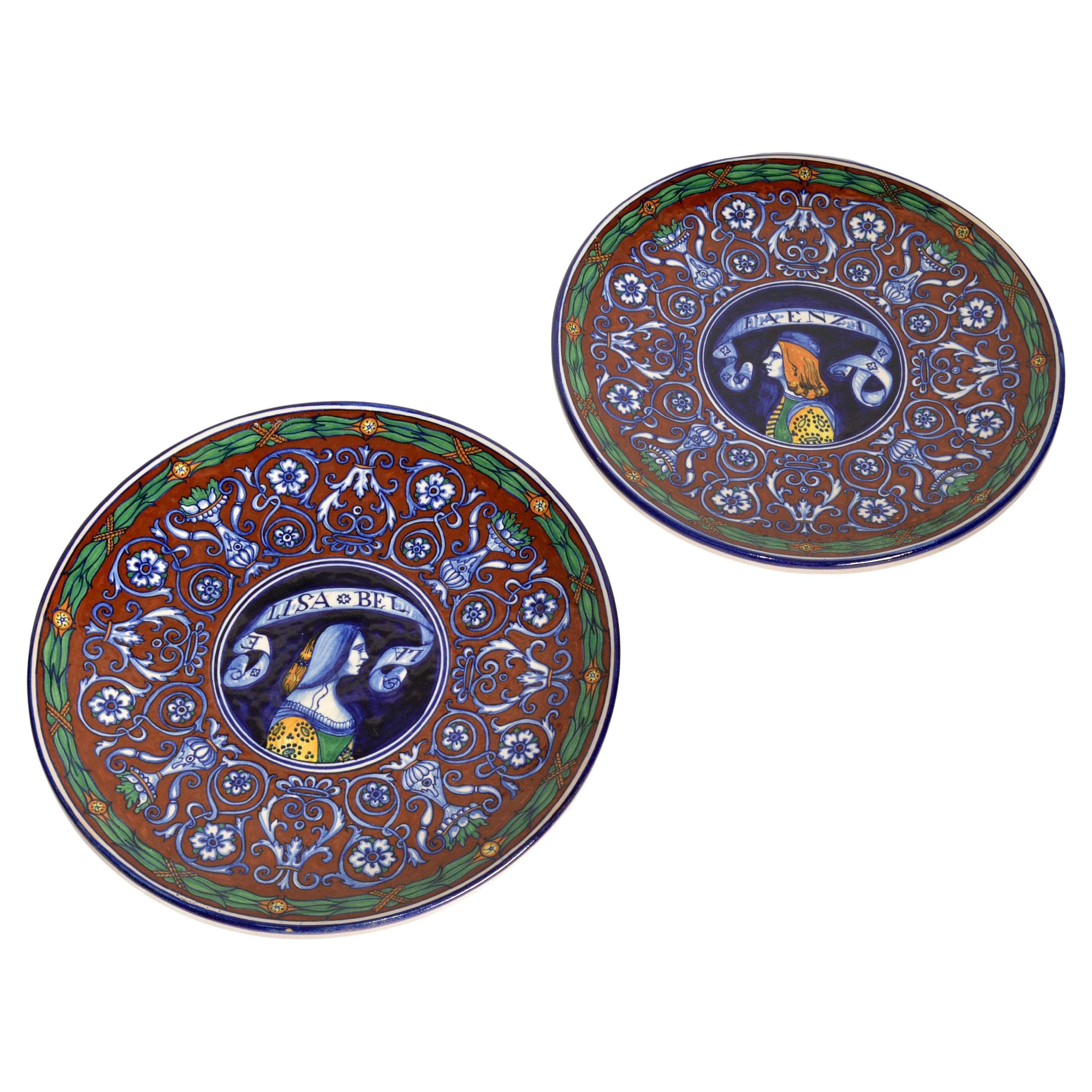 1900s Pair, FAENZA Italy Renaissance Revival Painted Majolica Wall Plates Signed