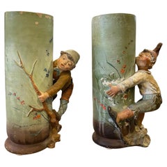 1900s Pair of Art Nouveau Ceramic Neapolitan Vases