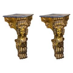 1900s Pair of Art Nouveau Hand Carved Gilded Wood Italian Corner Consoles