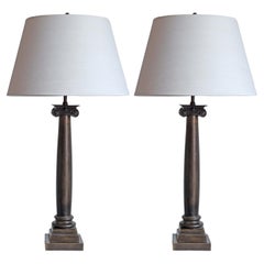 1900's Pair of Bronze Ionic Table Lamps