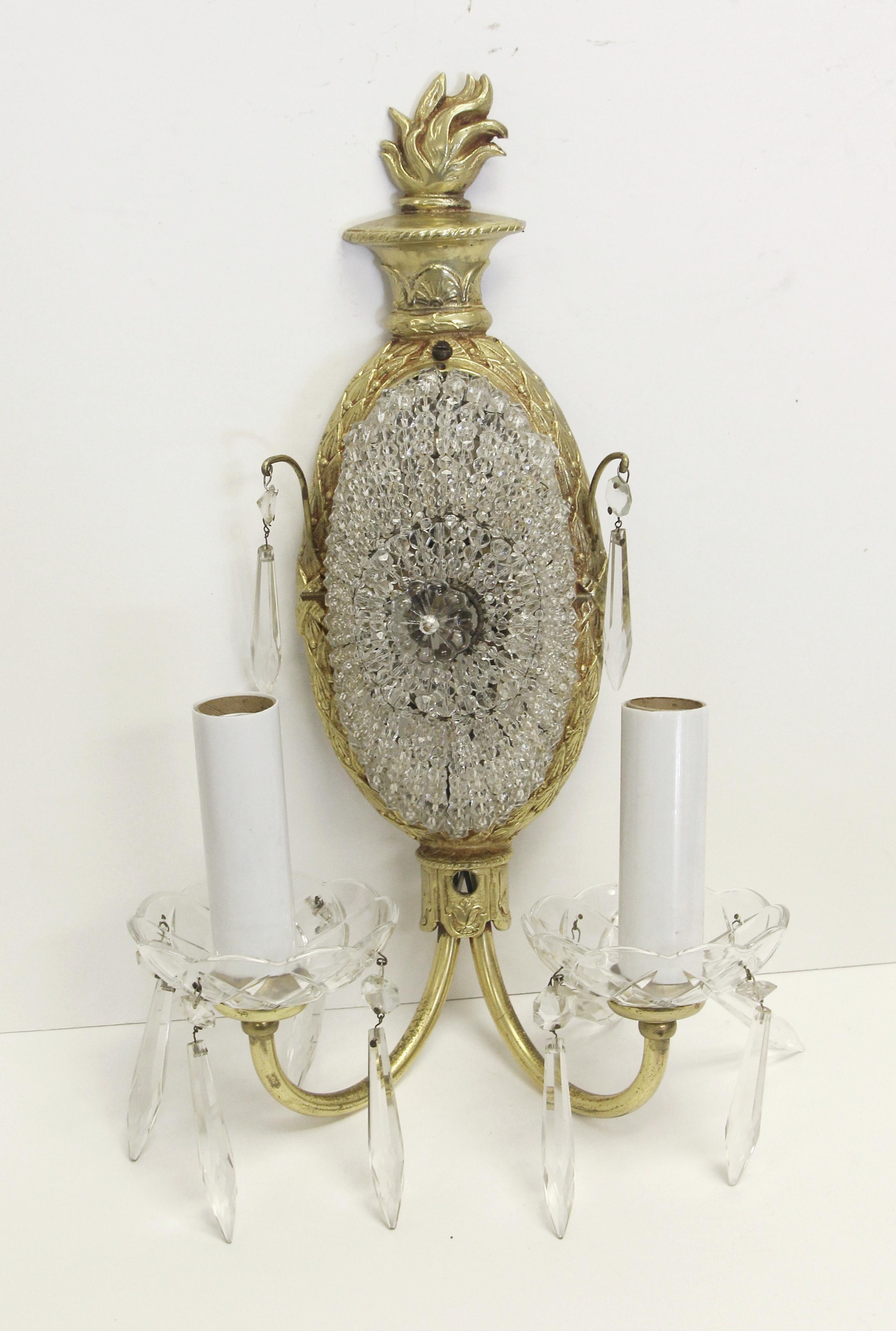 Gilt Pair French Bronze Crystal Gold Gilded Bronze Sconces 2 Arm  For Sale