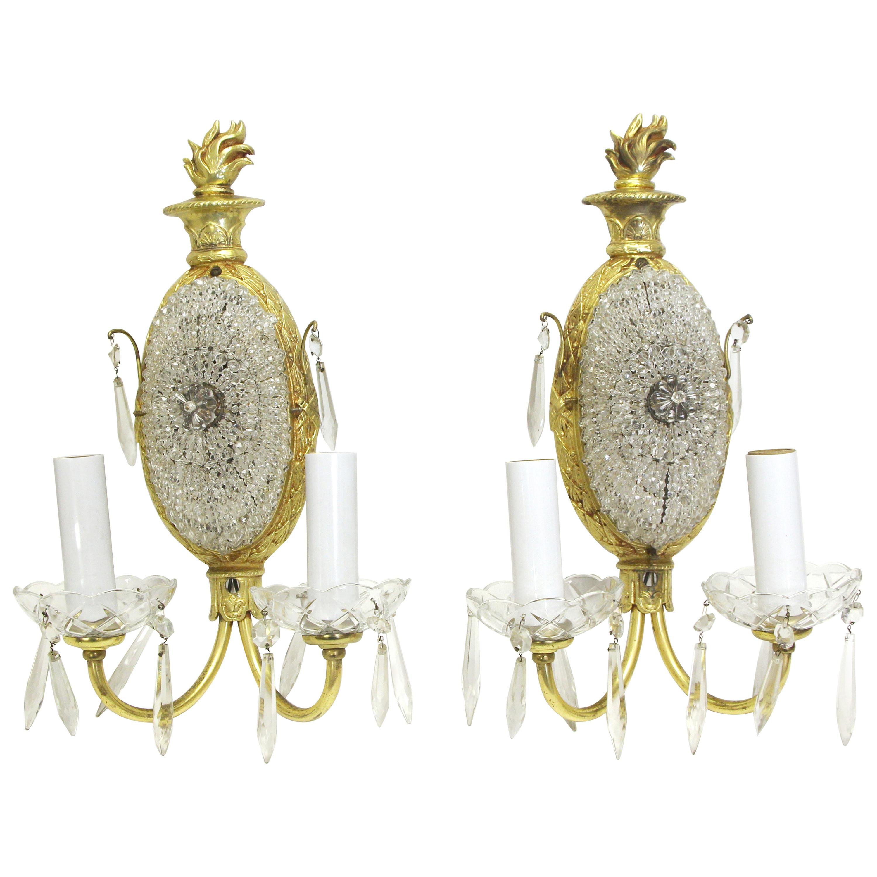 Pair French Bronze Crystal Gold Gilded Bronze Sconces 2 Arm  For Sale