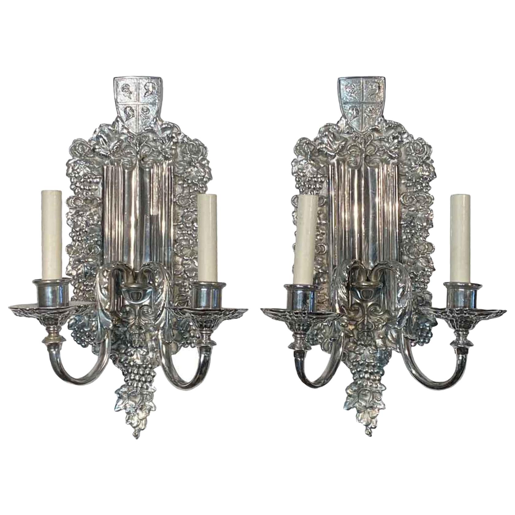 1900s Pair of Two Light American Silvered Bronze Wall Sconces by E.F Caldwell